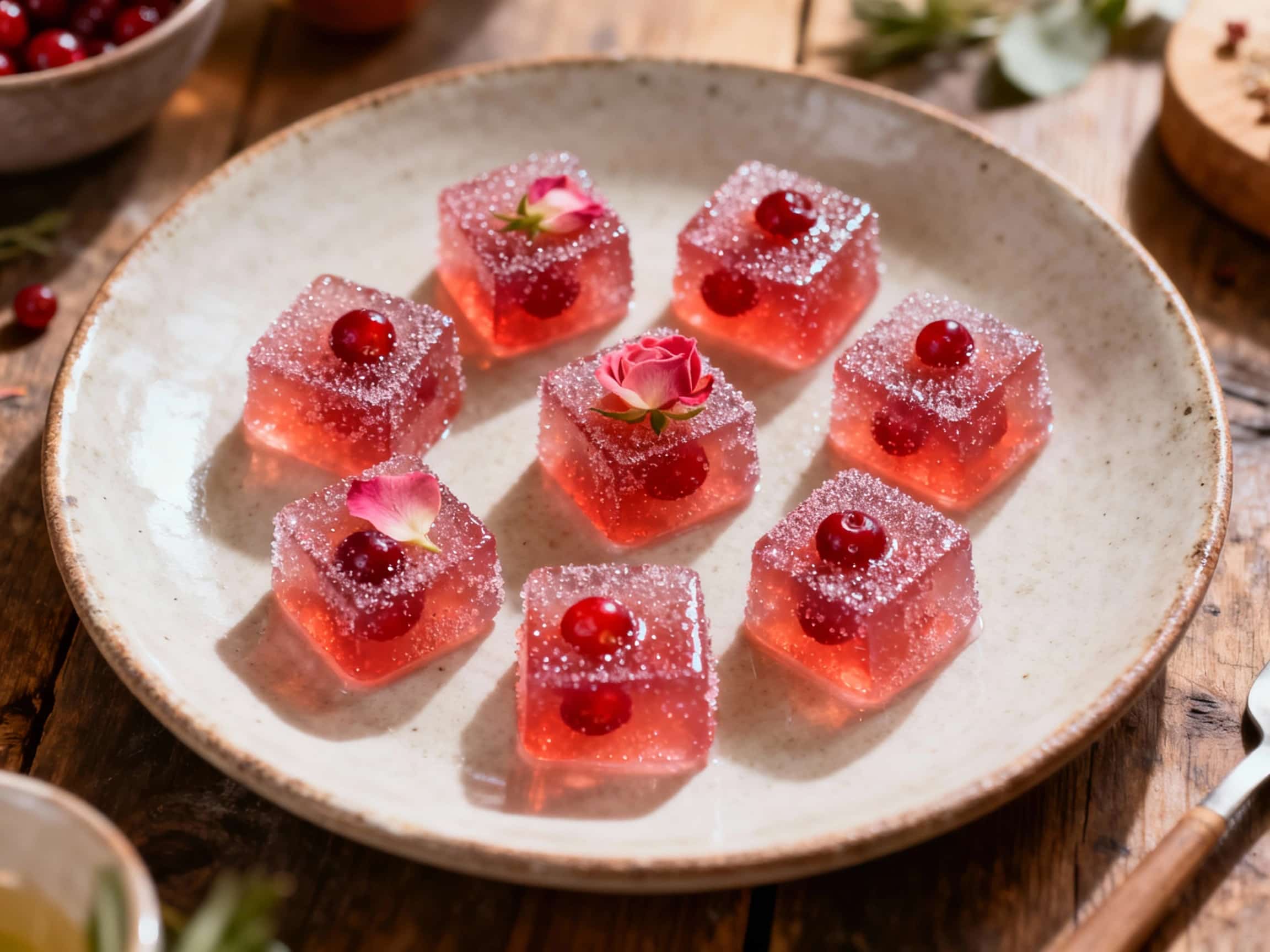 Glistening ruby-red gummy bites, dusted with sugar and studded with fresh cranberries, are artfully arranged on a white plate, hinting at a festive and sweet treat.