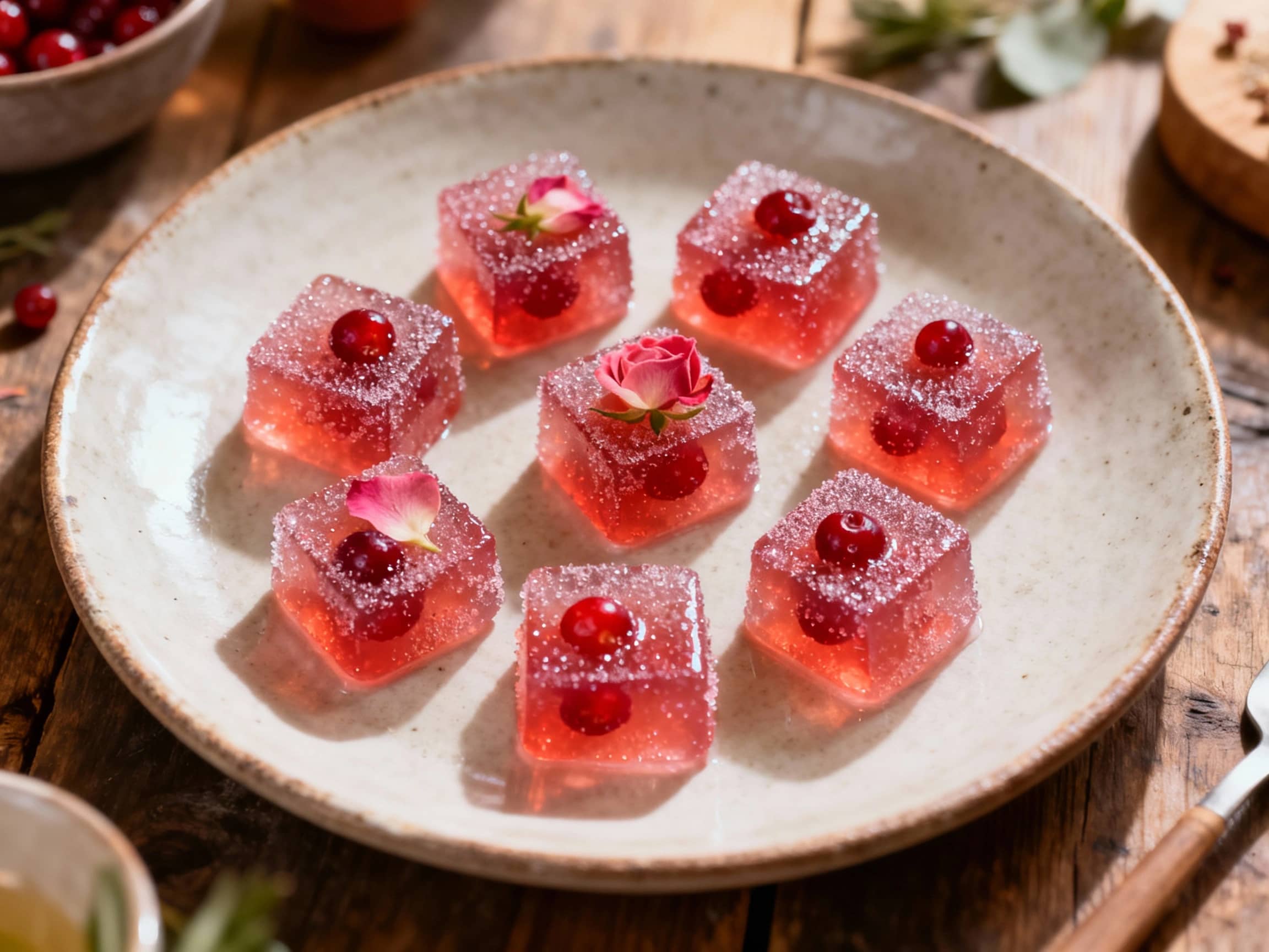 Glistening ruby-red gummy bites, dusted with sugar and studded with fresh cranberries, are artfully arranged on a white plate, hinting at a festive and sweet treat.