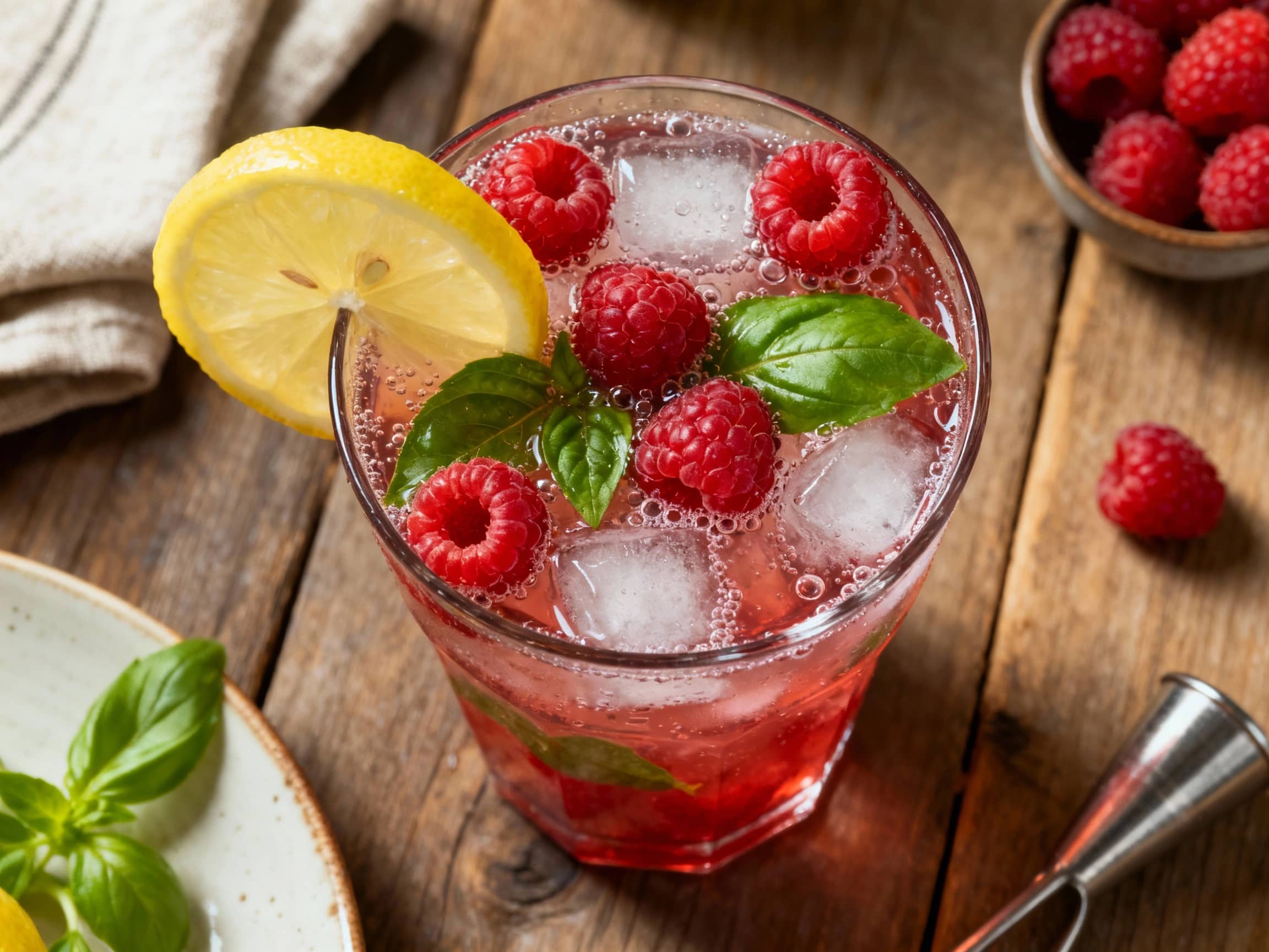 A tall glass of effervescent pink lemonade with a ruby-red hue, garnished with fresh, ripe raspberries and a vibrant green basil sprig. The beverage looks incredibly refreshing, sitting on a sun-dappled wooden surface, suggesting a beautiful outdoor setting. The light plays gently on the glass, highlighting the enticing bubbles within the drink.