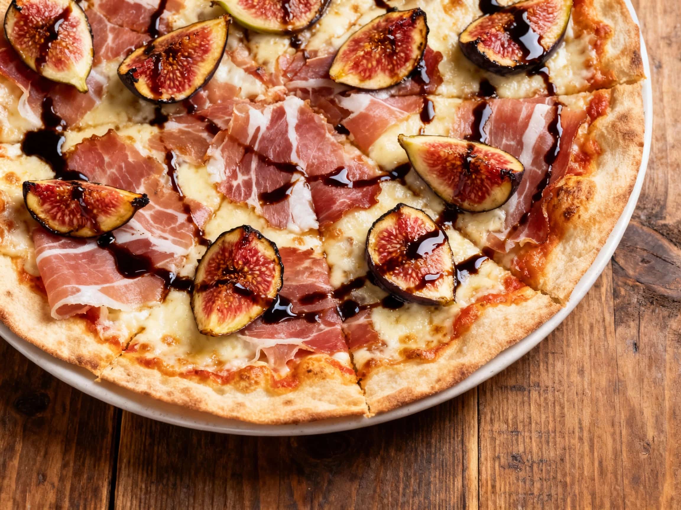 A gourmet Roman thin pizza, boasting a golden-brown, crispy crust adorned with savory speck, melted mozzarella, and a sweet fig jam base, elegantly finished with fresh arugula and a glistening balsamic glaze. The pizza is artfully placed on a rustic wooden peel, set against a dark wooden table, creating an inviting and delicious scene.
