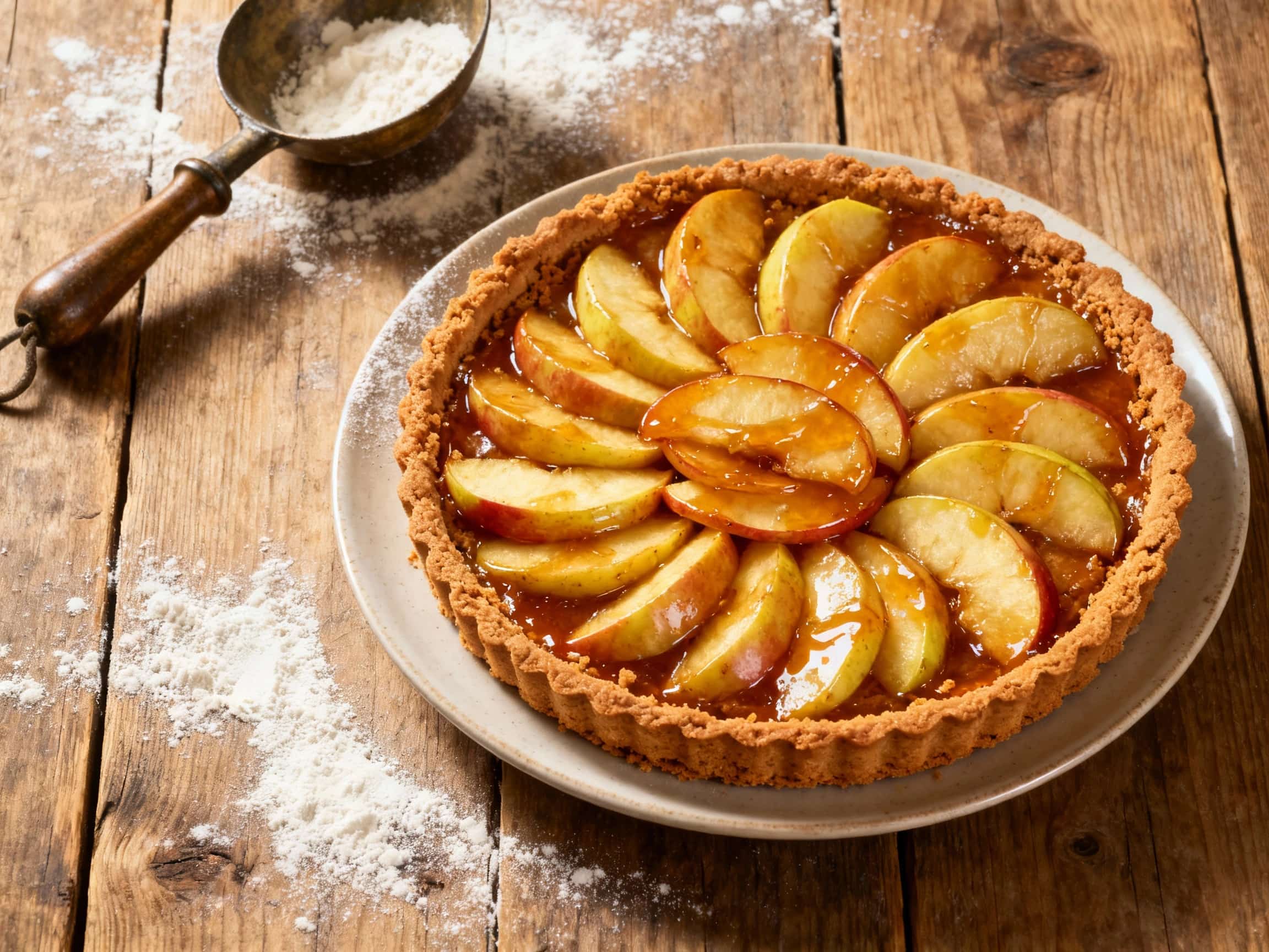 A golden-brown speculoos tart filled with sweet, glistening caramelized apples, dusted lightly with powdered sugar, sits invitingly on a rustic wooden surface.