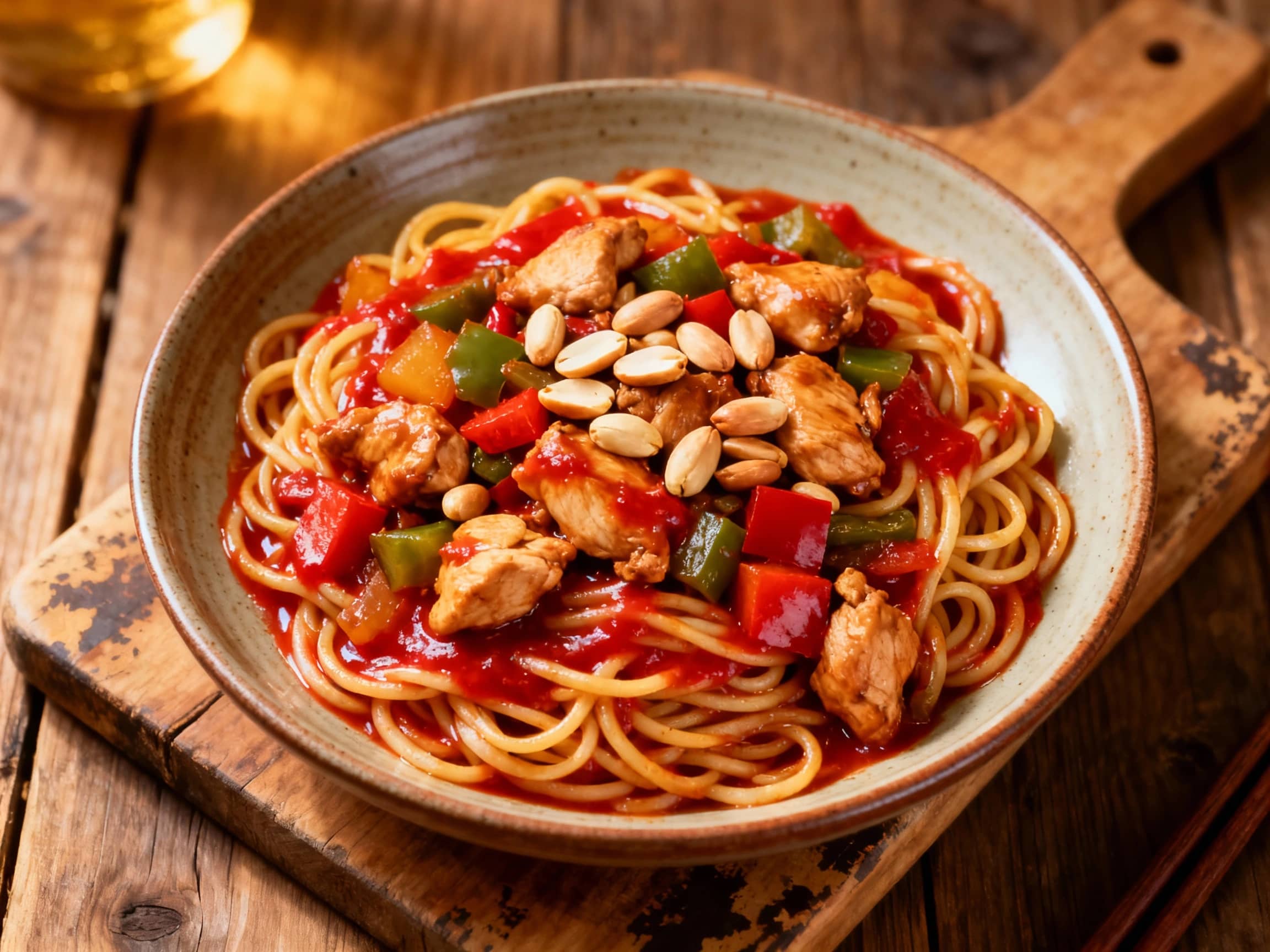 A vibrant bowl of Kung Pao chicken noodles glistening with sauce, topped with fresh green onions and red chili flakes, ready for a quick and flavorful meal.