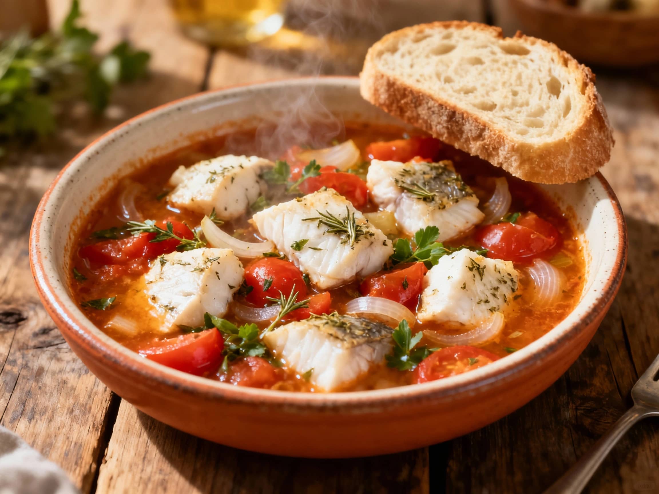 Hearty Mediterranean fish stew brimming with colorful vegetables and tender white fish, garnished with fresh parsley and a drizzle of olive oil.