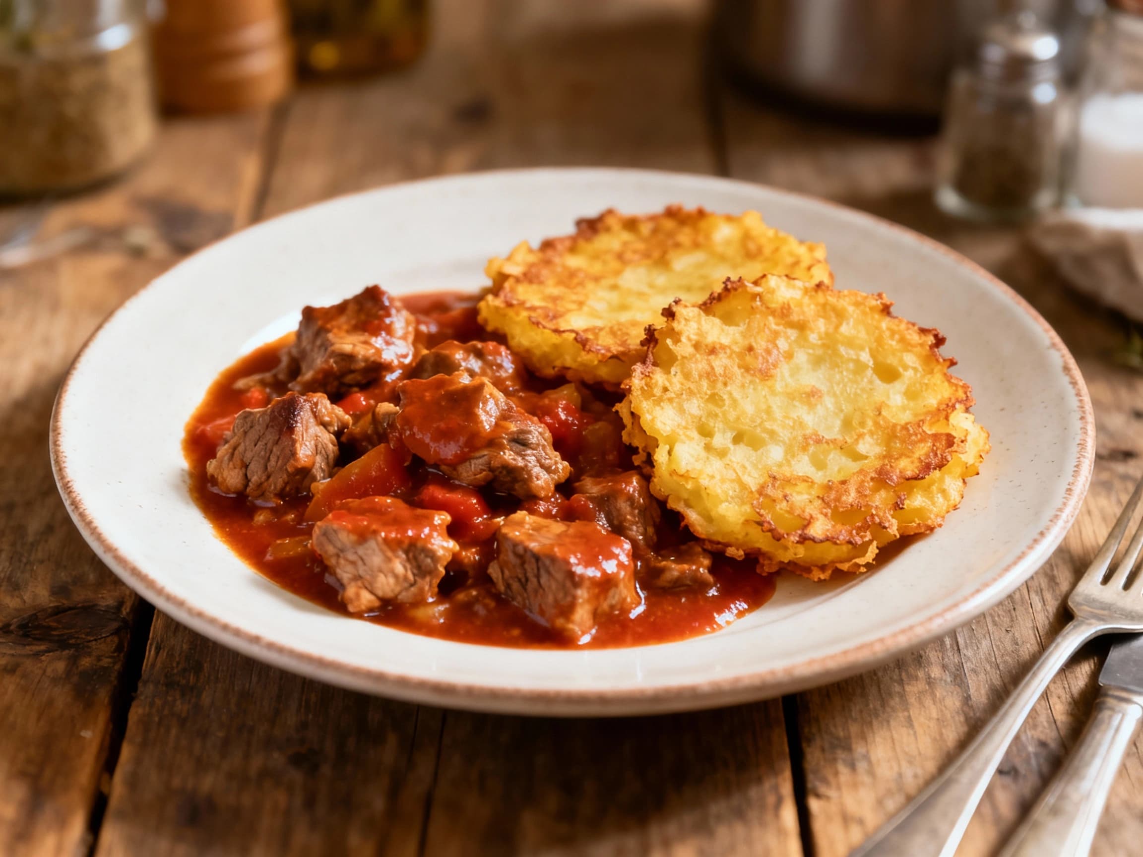 Speedy Pork Goulash with Crispy Potato Pancakes