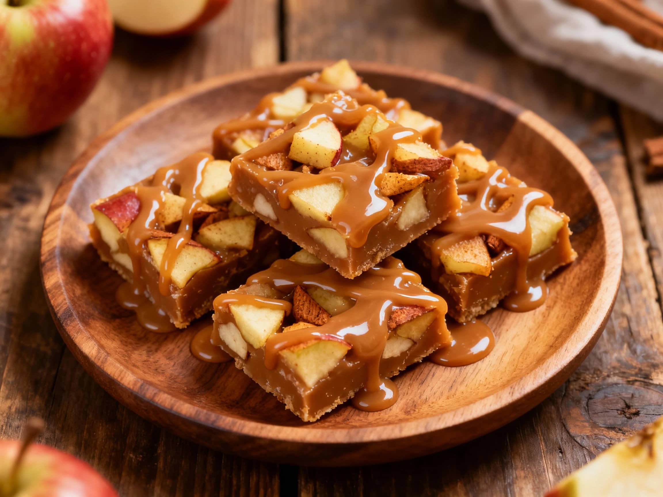 Golden, chewy apple squares studded with warm spices sit on a rustic wooden board, drizzled generously with glistening caramel and a sprinkle of sea salt.