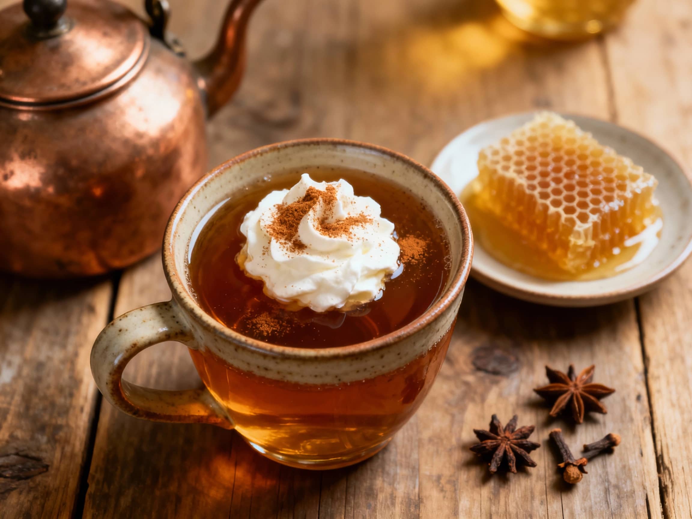 A cozy, amber-hued whiskey cocktail steams in a clear glass mug, garnished with a cinnamon stick and a star anise, perfect for a chilly evening.