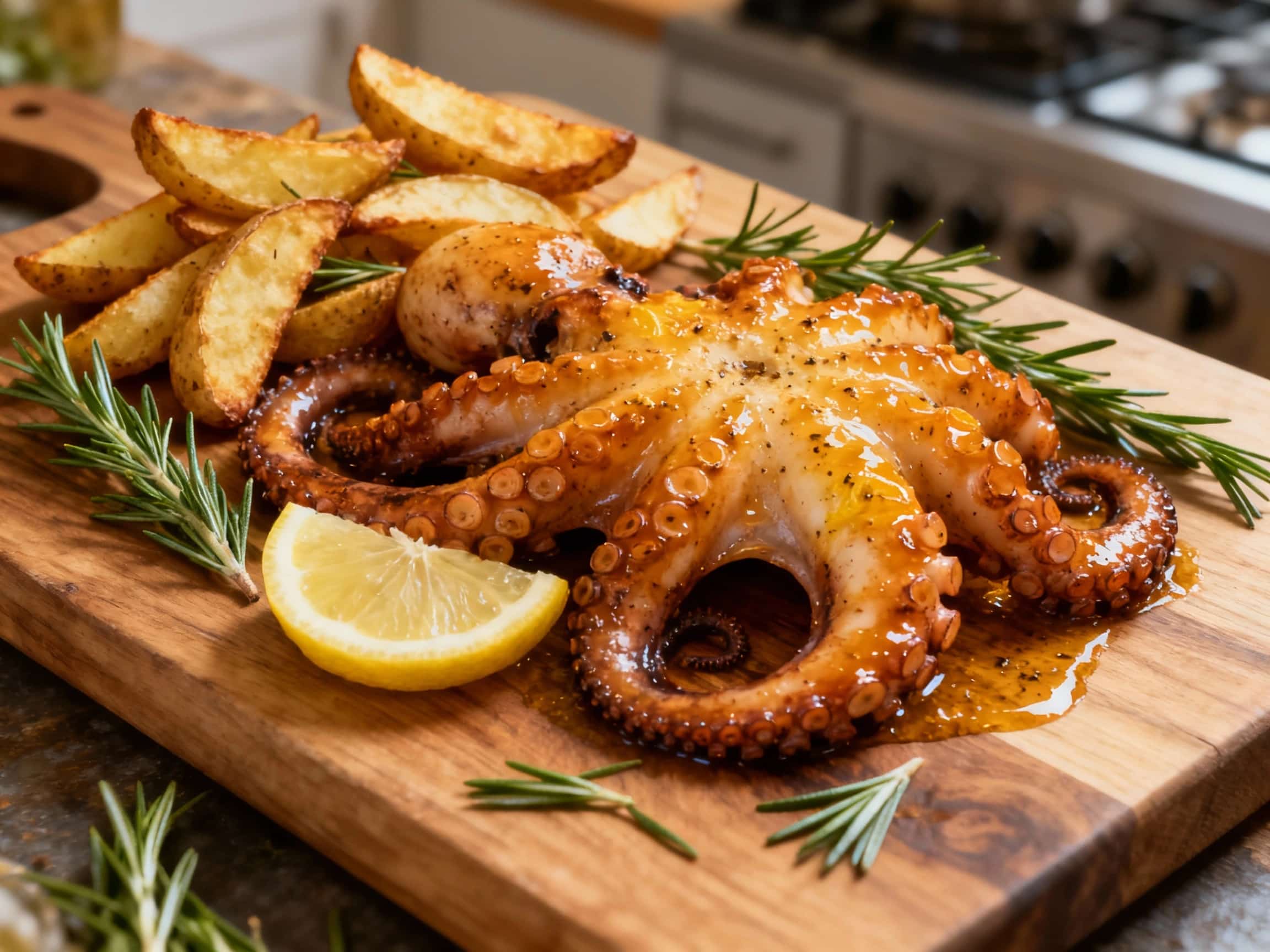 Tender, spice-rubbed octopus tentacles, roasted to a beautiful char, rest on a bed of golden, rosemary-flecked potato wedges, bathed in warm, inviting light.