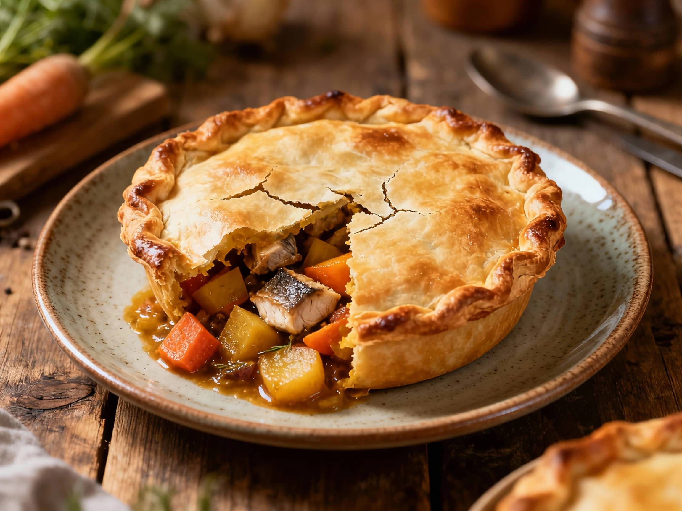 Golden brown crusts crowning individual pot pies filled with flaky fish and colorful root vegetables, steam gently rising to entice the senses on a rustic wooden table.