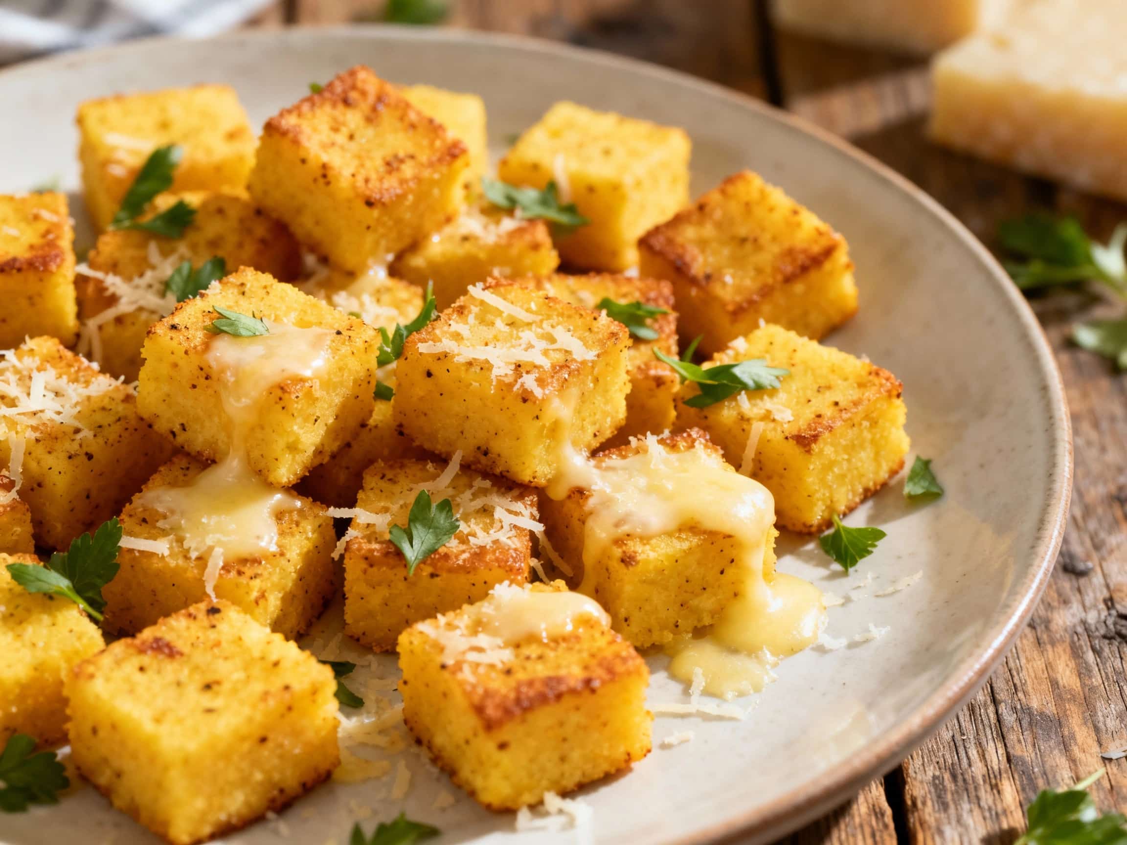 Golden-brown polenta bites, dusted with Parmesan and herbs, are artfully arranged on a white serving platter, ready to be enjoyed.