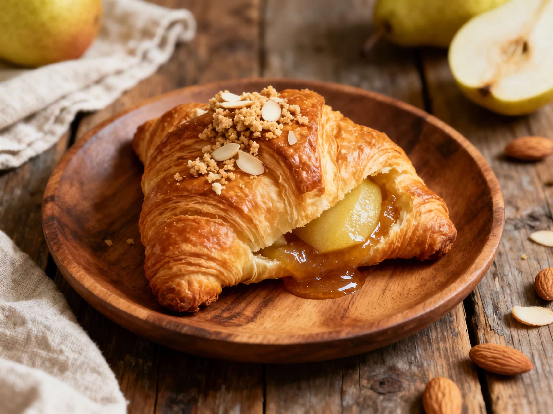 Two golden-brown croissants sit on a rustic wooden board, lightly dusted with powdered sugar. One croissant is split open, revealing a warm, spiced pear and almond filling. The flaky pastry and rich filling create an inviting image, ready for a special breakfast or afternoon treat.