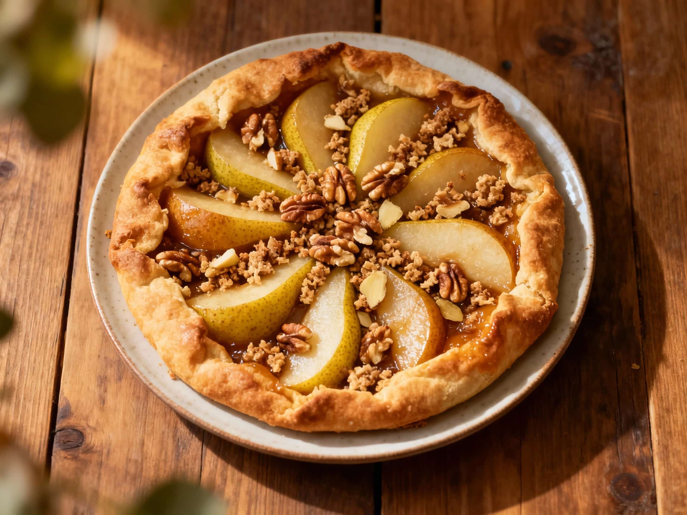 A rustic, free-form galette featuring golden-brown, flaky pastry filled with warmly spiced pears and topped with a generous layer of crunchy walnut streusel, glistening under soft, inviting light.