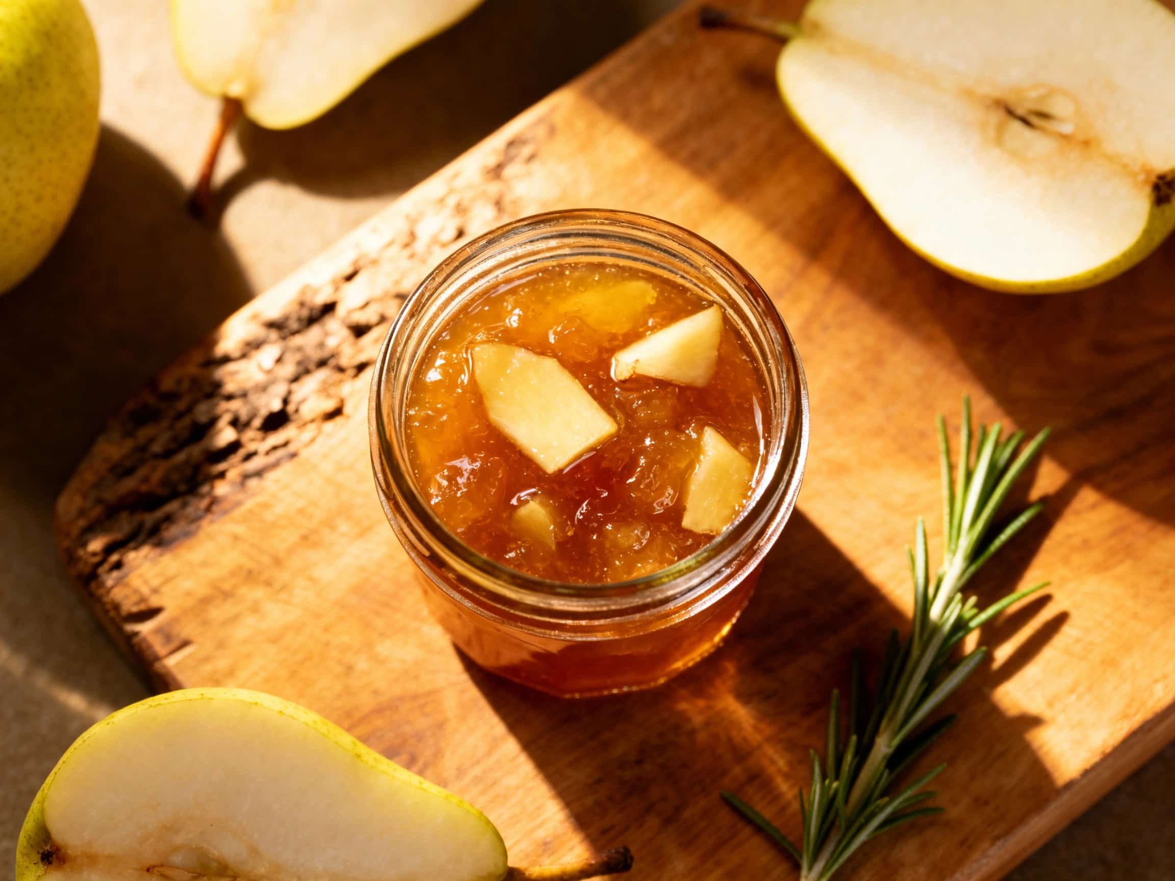 A rustic glass jar, tied with twine, filled to the brim with glistening, amber-hued Spiced Pear and Ginger Jam. The jam reveals tender pieces of cooked pear and fine strands of ginger. The jar is artfully arranged on a weathered wooden table, surrounded by slices of fresh pear, whole cinnamon sticks, distinct star anise pods, and a rough ginger root, evoking a warm, autumnal, and handcrafted feel.