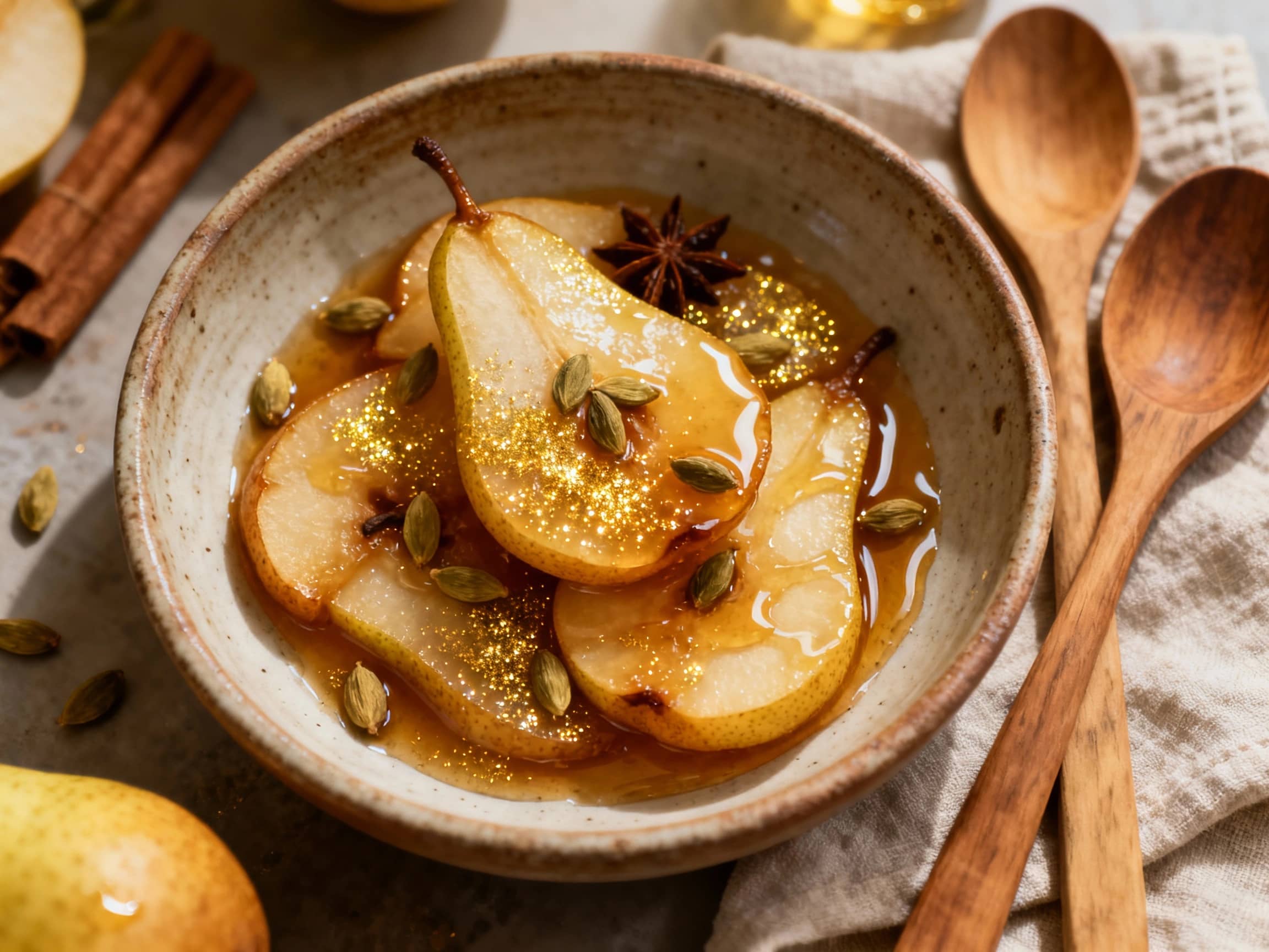 A festive, sparkling cocktail with a pear slice garnish sits in a tall glass.