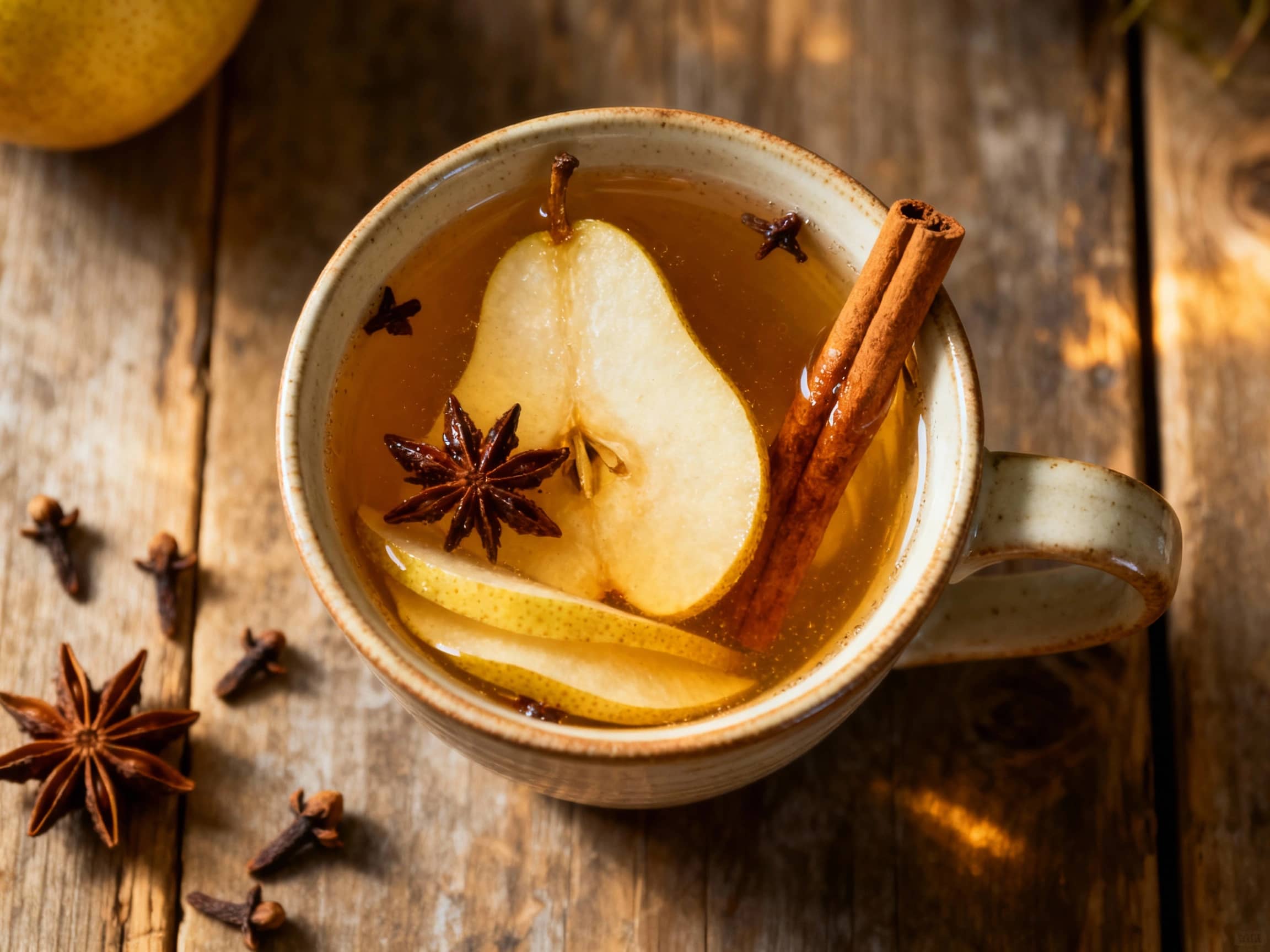 A steaming mug of spiced pear cider toddy, garnished with a cinnamon stick and star anise, glows warmly in a cozy, dimly lit setting.