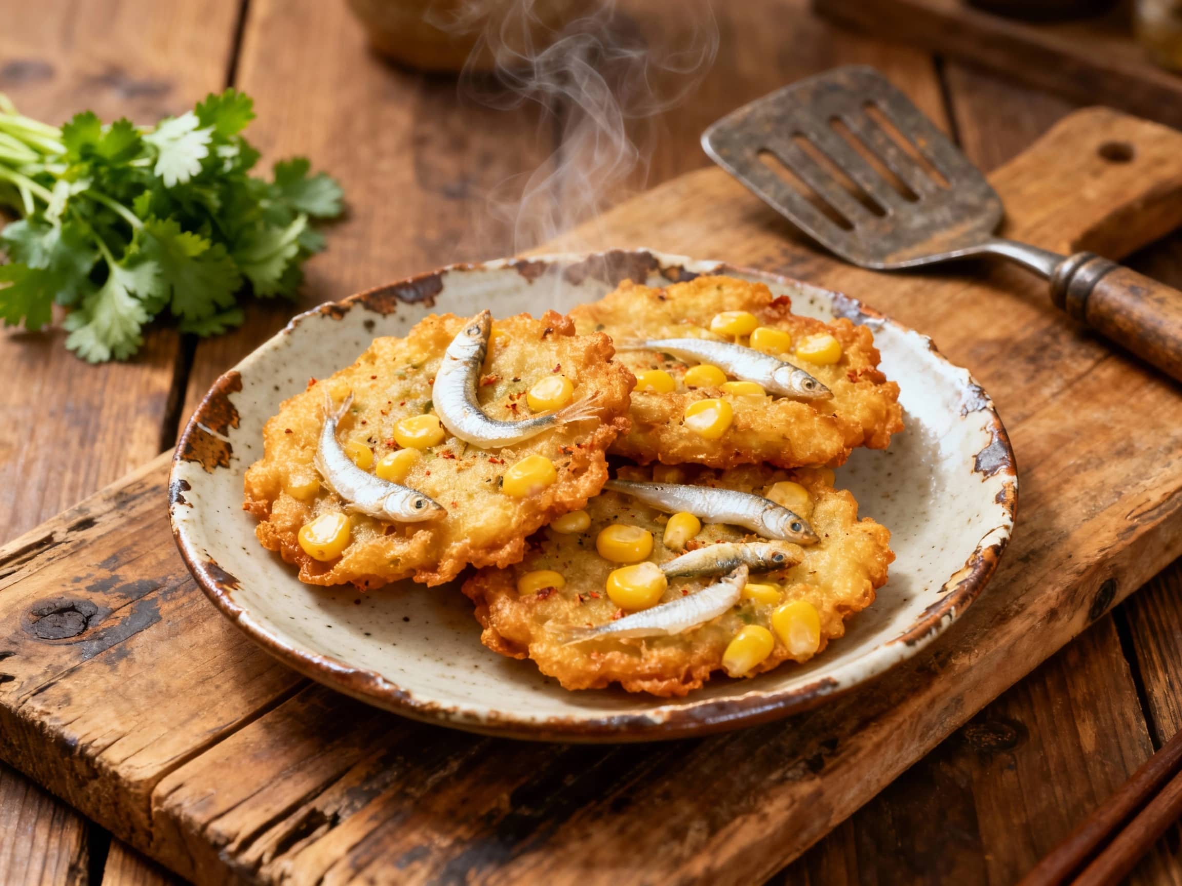 Golden brown fritters studded with delicate whitebait and sweet corn kernels are arranged artfully on a rustic wooden board, glistening under warm light.