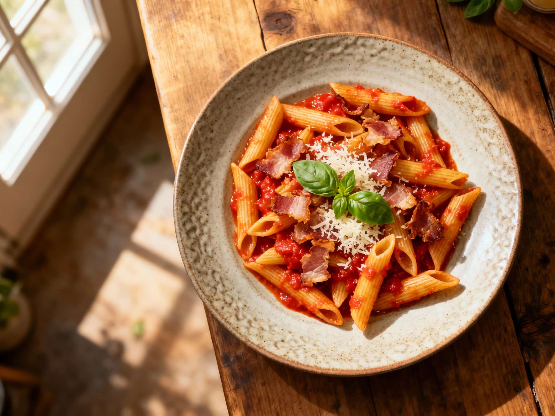 A rustic plate of penne pasta tossed in a vibrant, spicy arrabiata sauce is topped with crispy pancetta pieces and fresh parsley, ready to be enjoyed.
