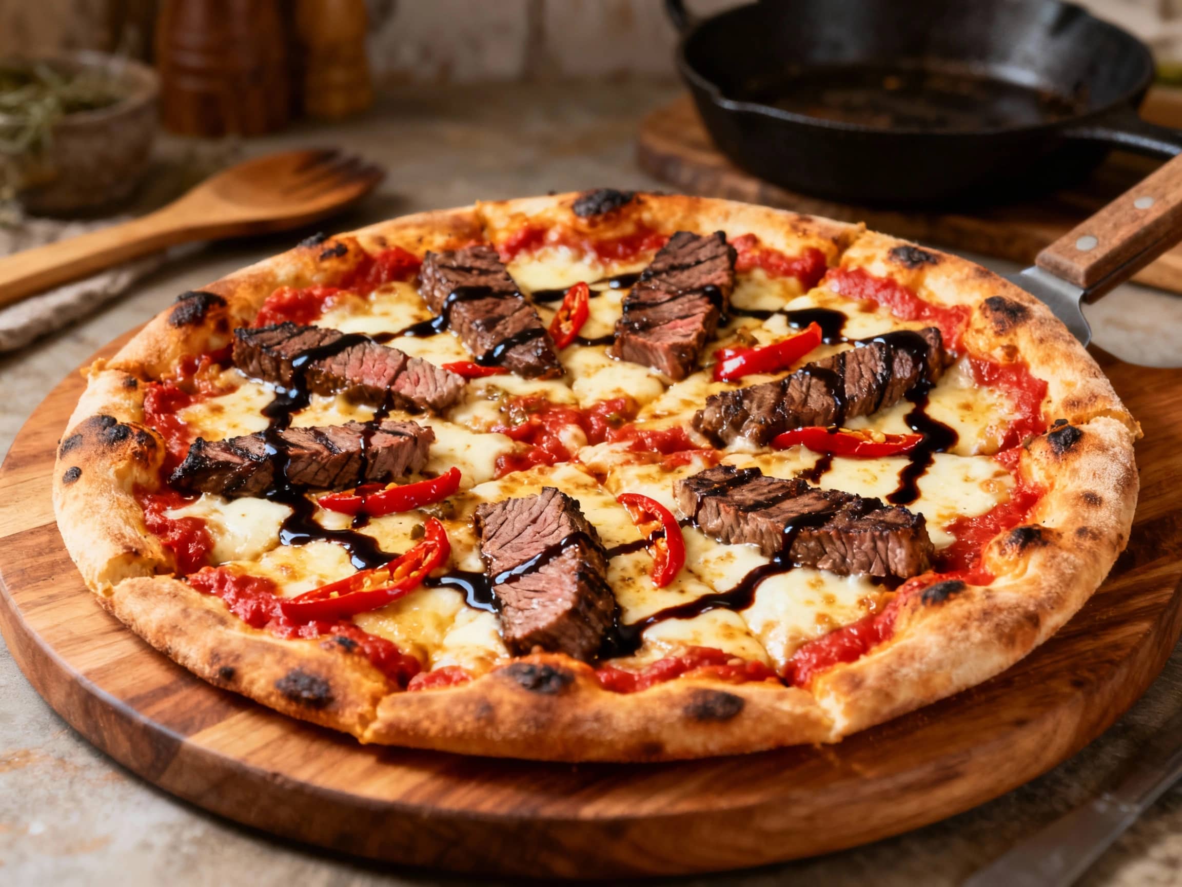 A delicious New York-style pizza topped with spicy balsamic steak, melted mozzarella, and fresh basil, presented on a rustic wooden board with soft, warm lighting.
