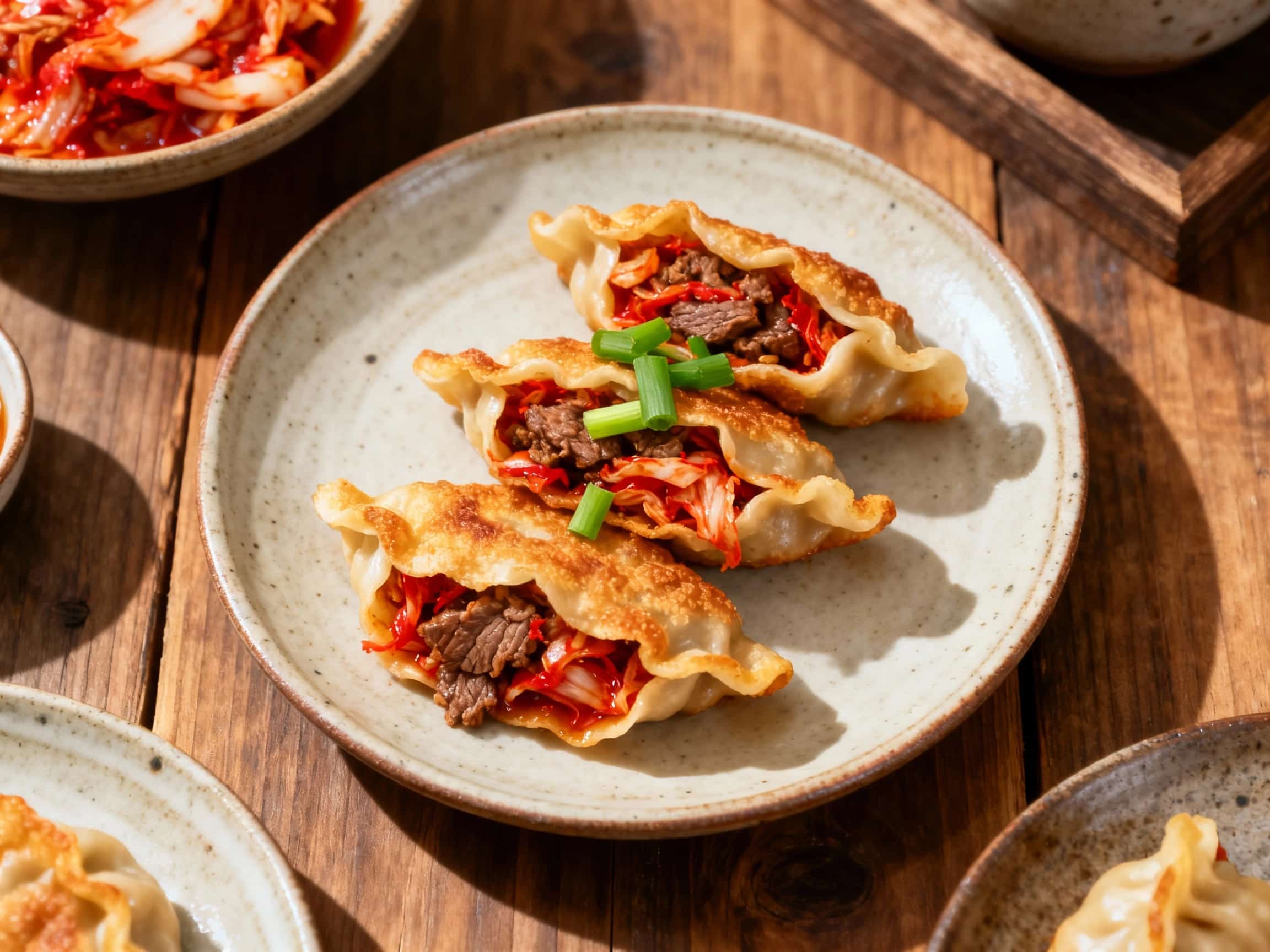 Steaming, plump beef and kimchi dumplings, glistening with a spicy sauce and topped with fresh green scallions, are beautifully arranged on a dark, textured plate, ready to be enjoyed.