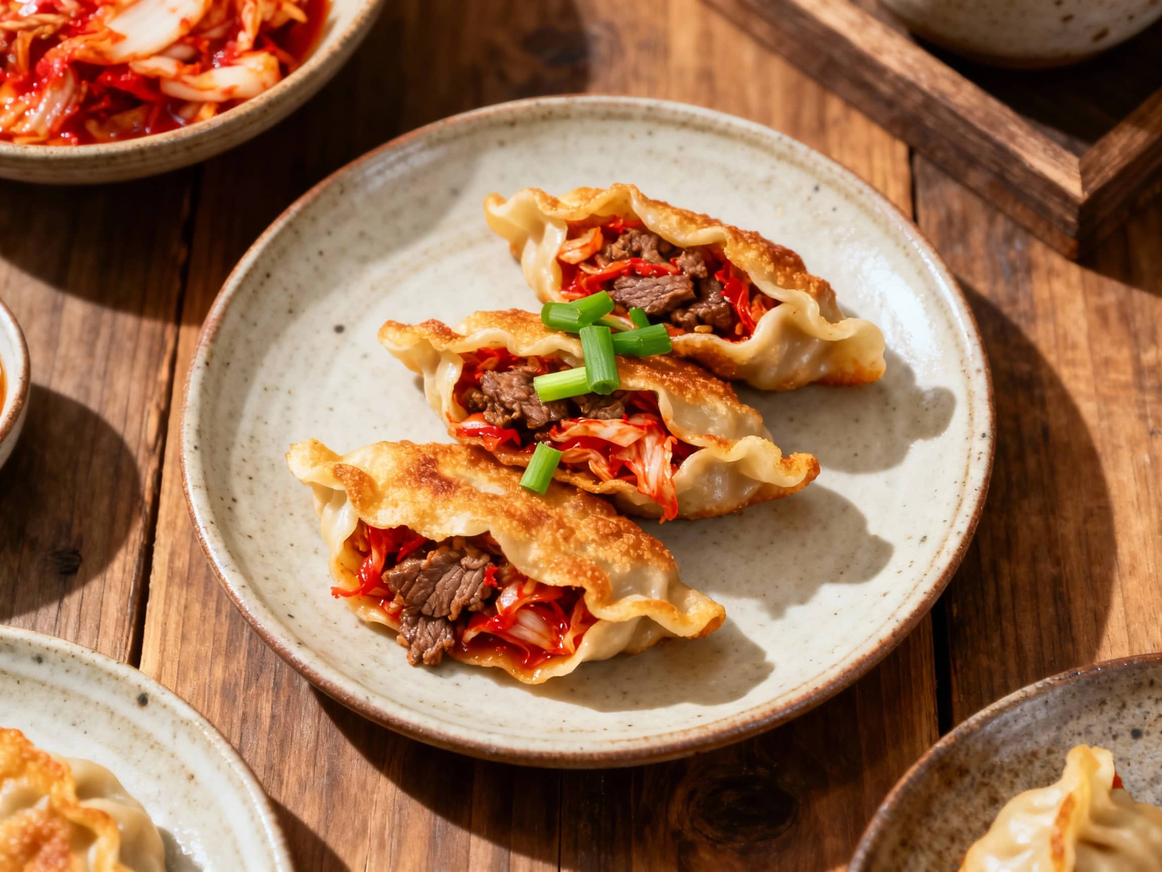 Steaming, plump beef and kimchi dumplings, glistening with a spicy sauce and topped with fresh green scallions, are beautifully arranged on a dark, textured plate, ready to be enjoyed.