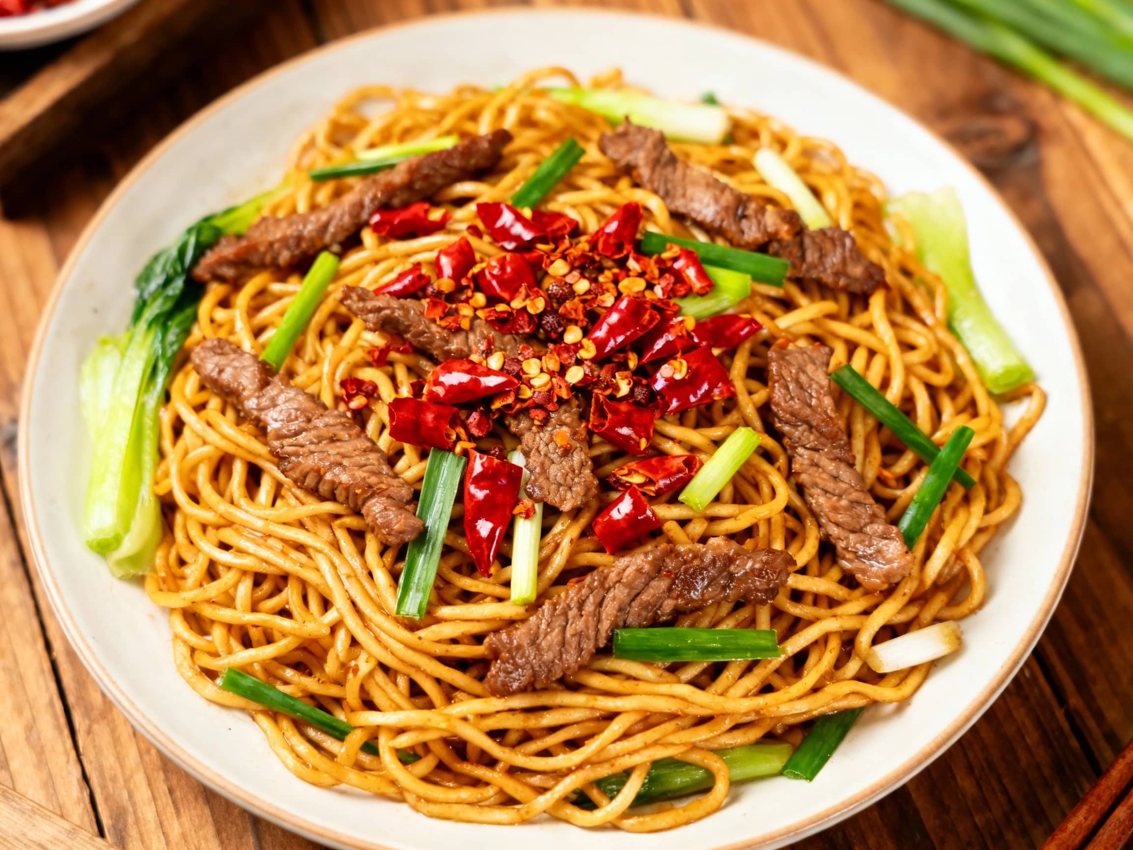 Steaming hot, saucy beef chow mein gets a spicy kick from chili crisp and is finished with fresh green scallions.