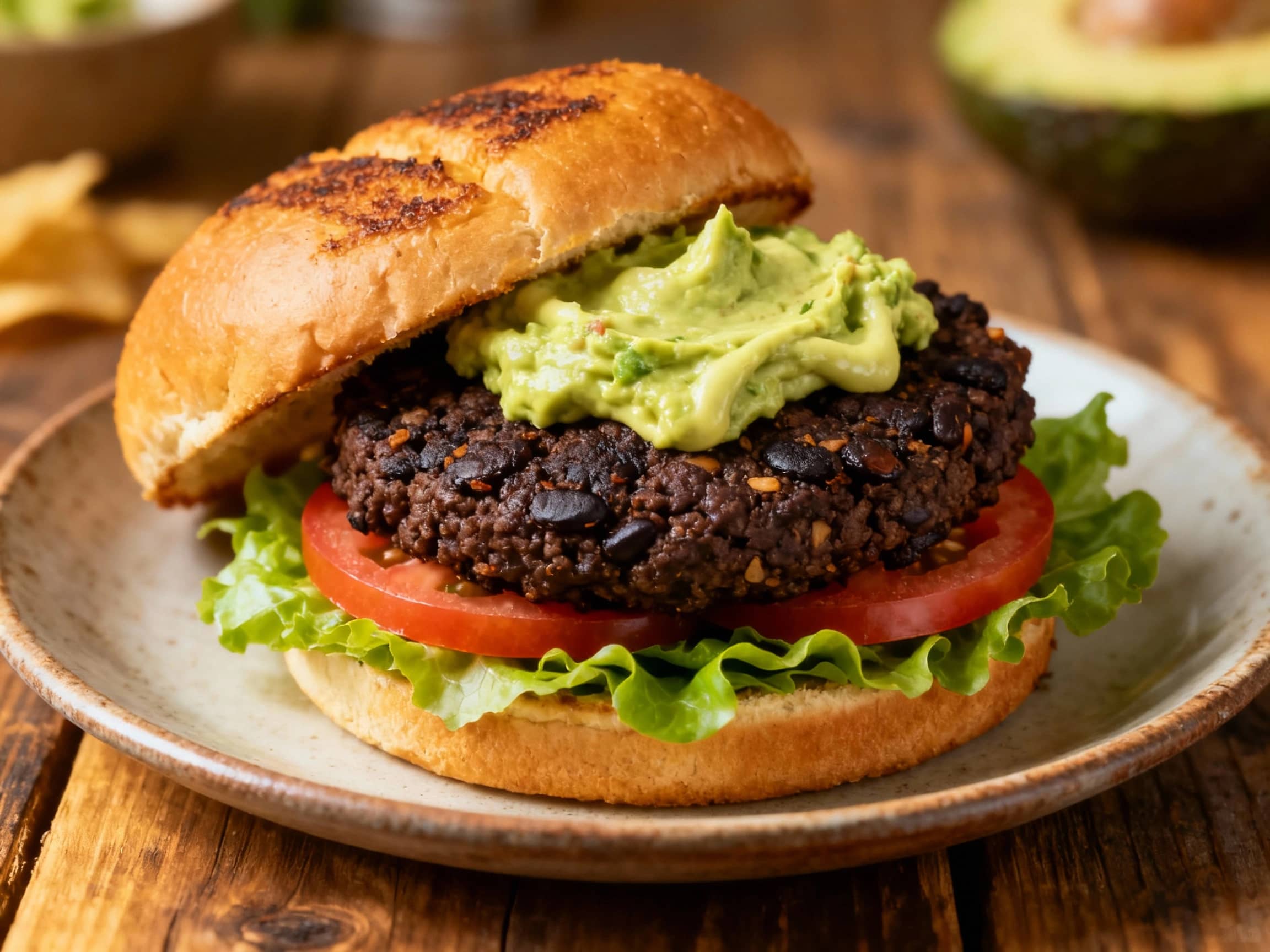 Two hearty, dark-brown black bean burgers are stacked on toasted buns and topped with vibrant green avocado crema, fresh red tomato slices, and crisp cilantro leaves.