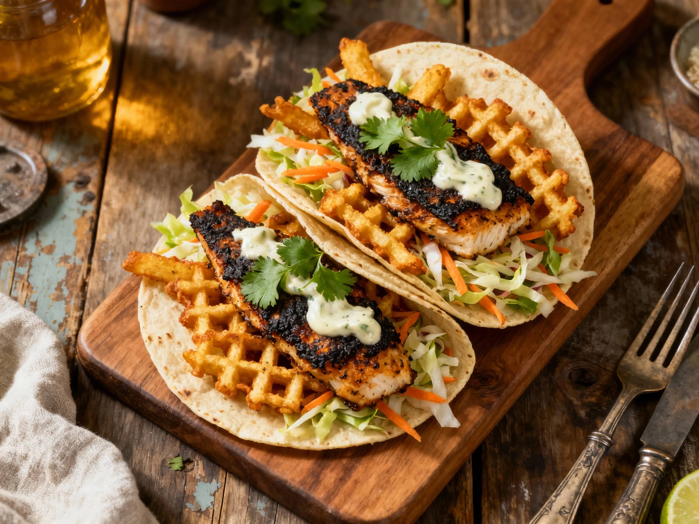 Three vibrant fish tacos are topped with a colorful slaw and served with crispy waffle fries, creating a delicious and inviting meal.