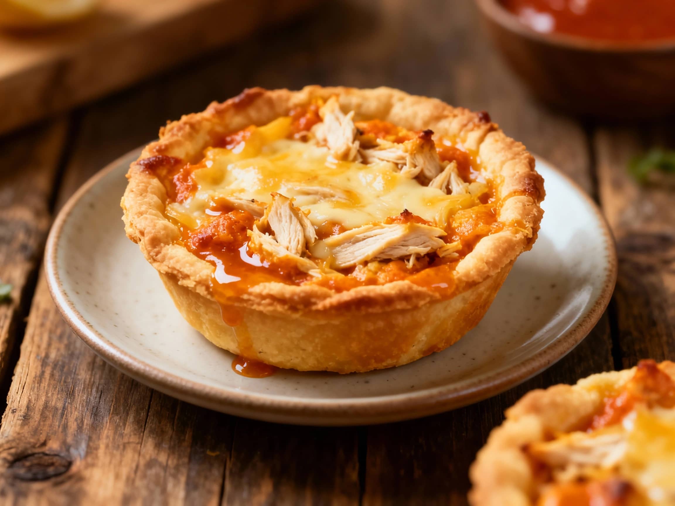 Bite-sized buffalo chicken quiches, topped with crumbled blue cheese and a drizzle of ranch, are arranged on a rustic wooden board, ready to be enjoyed.