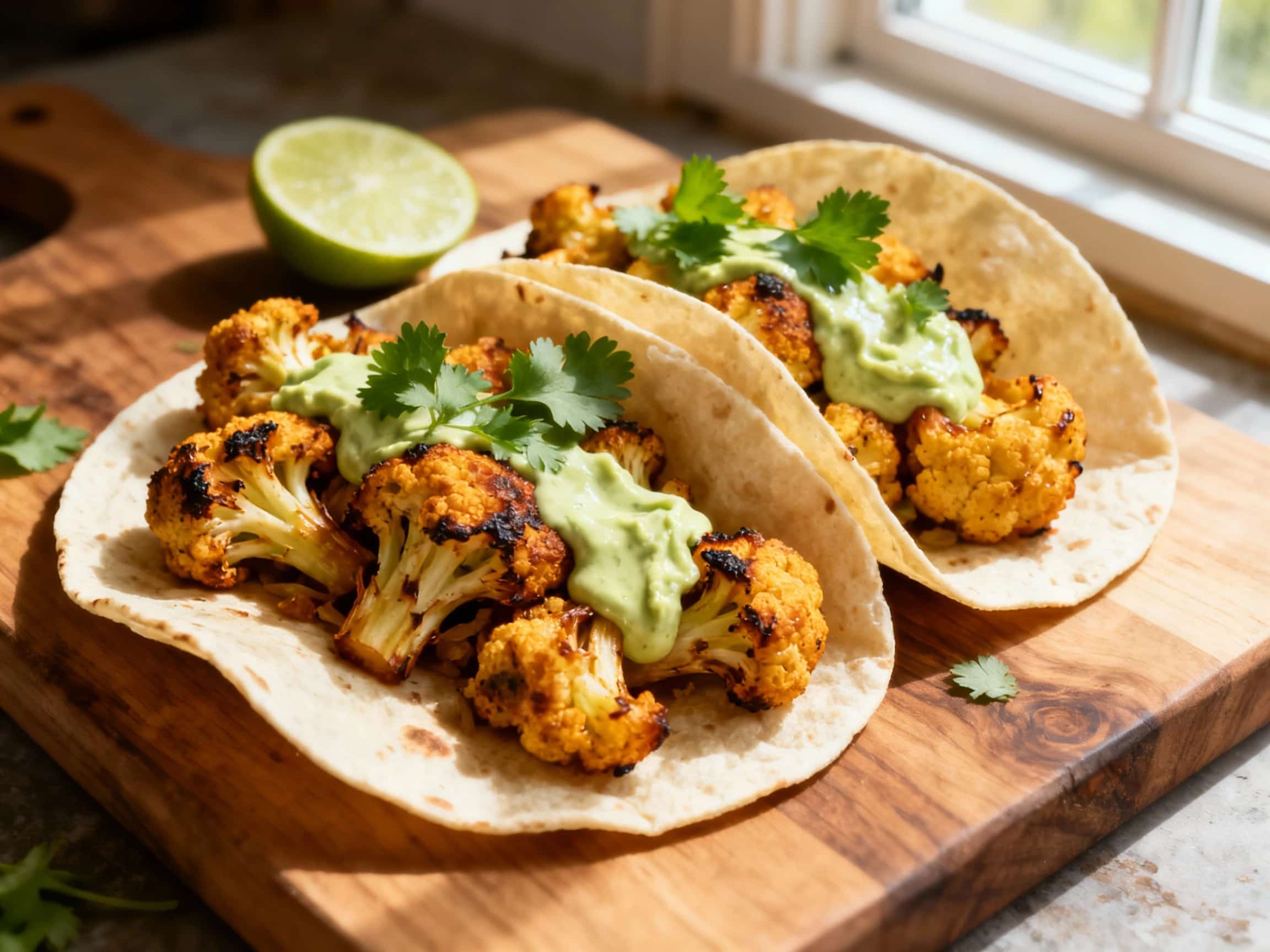 Tender, roasted cauliflower florets coated in a vibrant red spice blend are piled high in warm corn tortillas, topped with a cooling swirl of avocado crema and fresh cilantro.