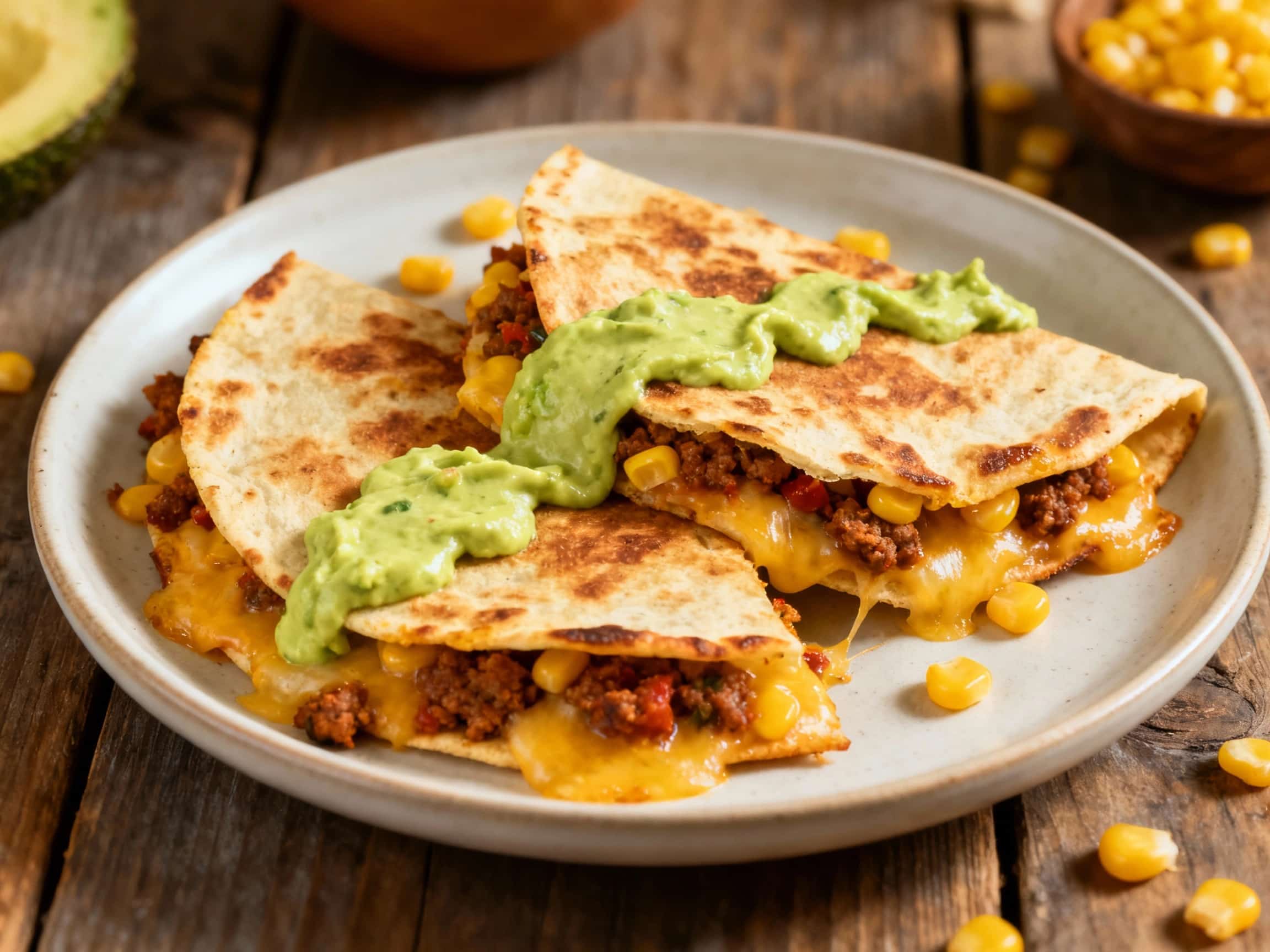 Golden-brown, crispy quesadillas filled with vibrant red chorizo and yellow corn overflow with melted cheese, served with a swirl of bright green avocado crema.