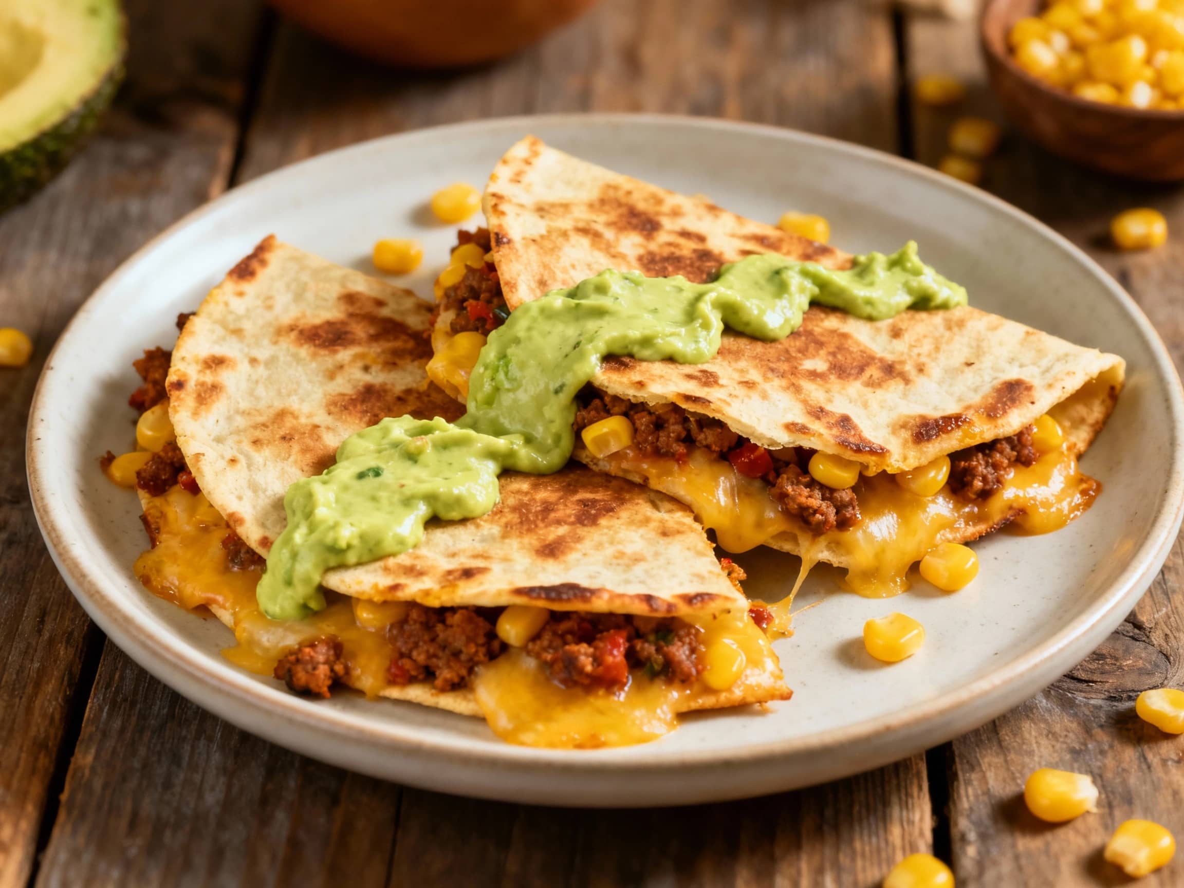 Golden-brown, crispy quesadillas filled with vibrant red chorizo and yellow corn overflow with melted cheese, served with a swirl of bright green avocado crema.
