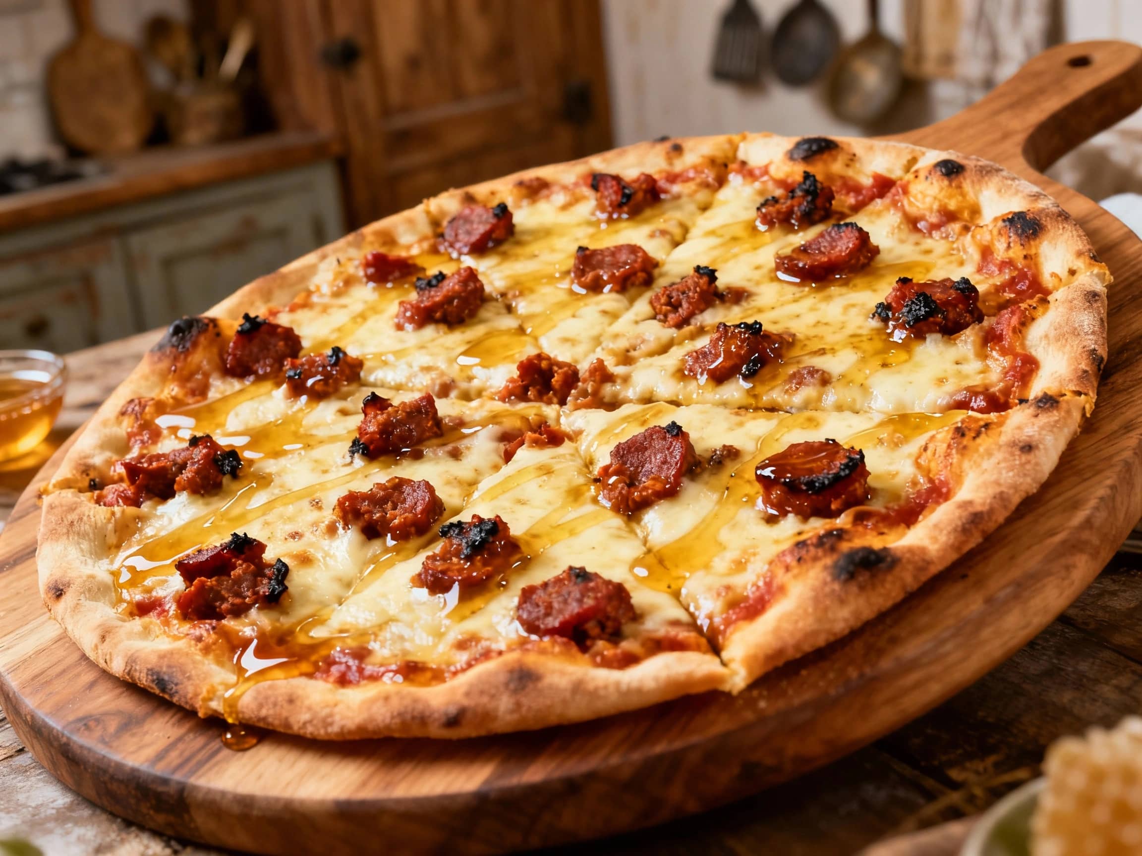 A thin-crust pizza is topped with vibrant red chorizo slices, a drizzle of amber honey, and fresh green herbs, creating a mouthwatering and colorful gourmet dish.