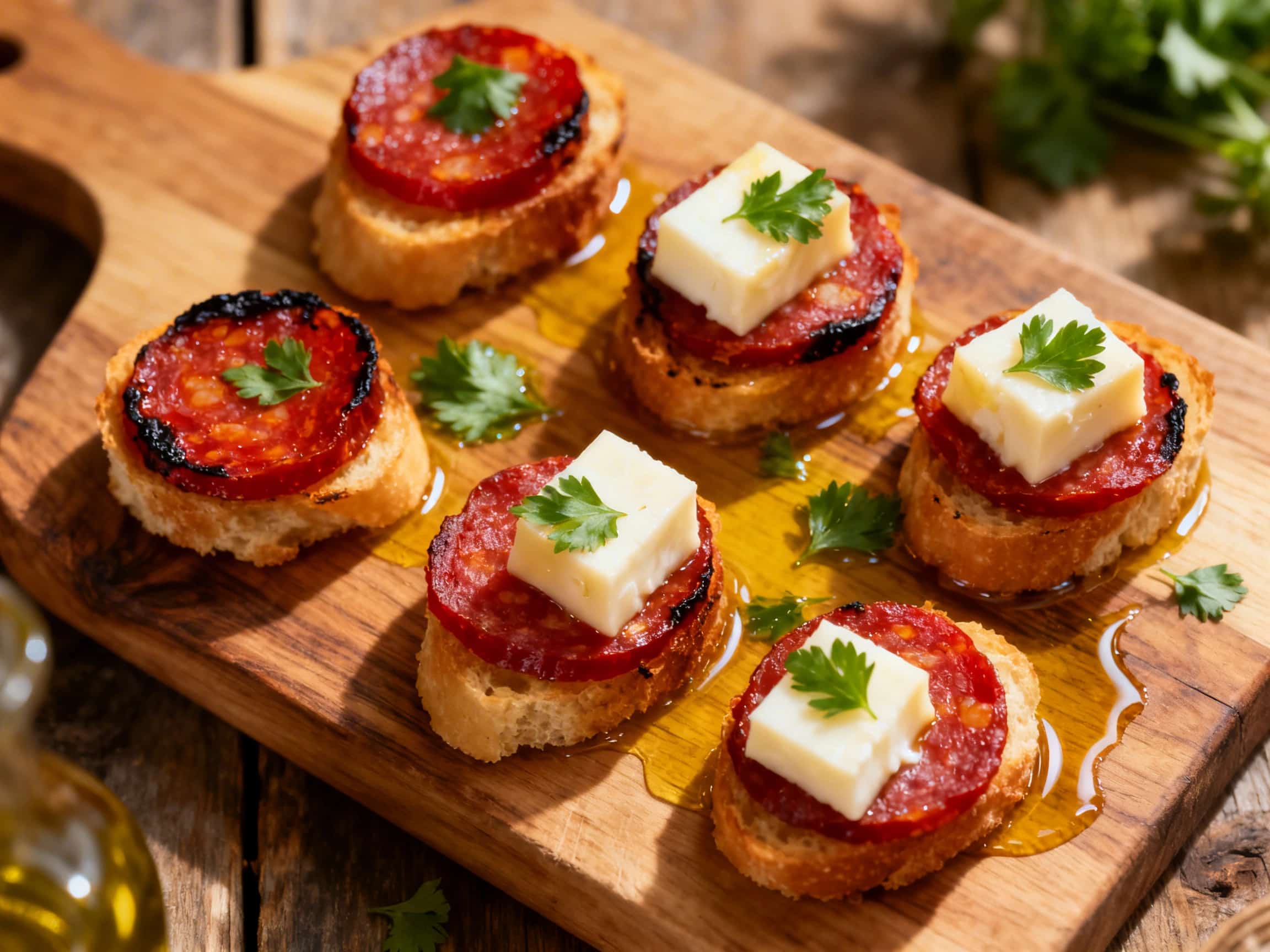 A rustic wooden platter laden with golden-brown, crispy 'Spicy Chorizo and Manchego Tapas Bites'. Each bite is irregularly shaped, perfectly fried, and garnished with vibrant green chopped parsley, hinting at a Spanish culinary experience for an appetizer platter. A small ceramic bowl of creamy aioli sits nearby, ready for dipping. The setting evokes a cozy, inviting atmosphere for sharing small p