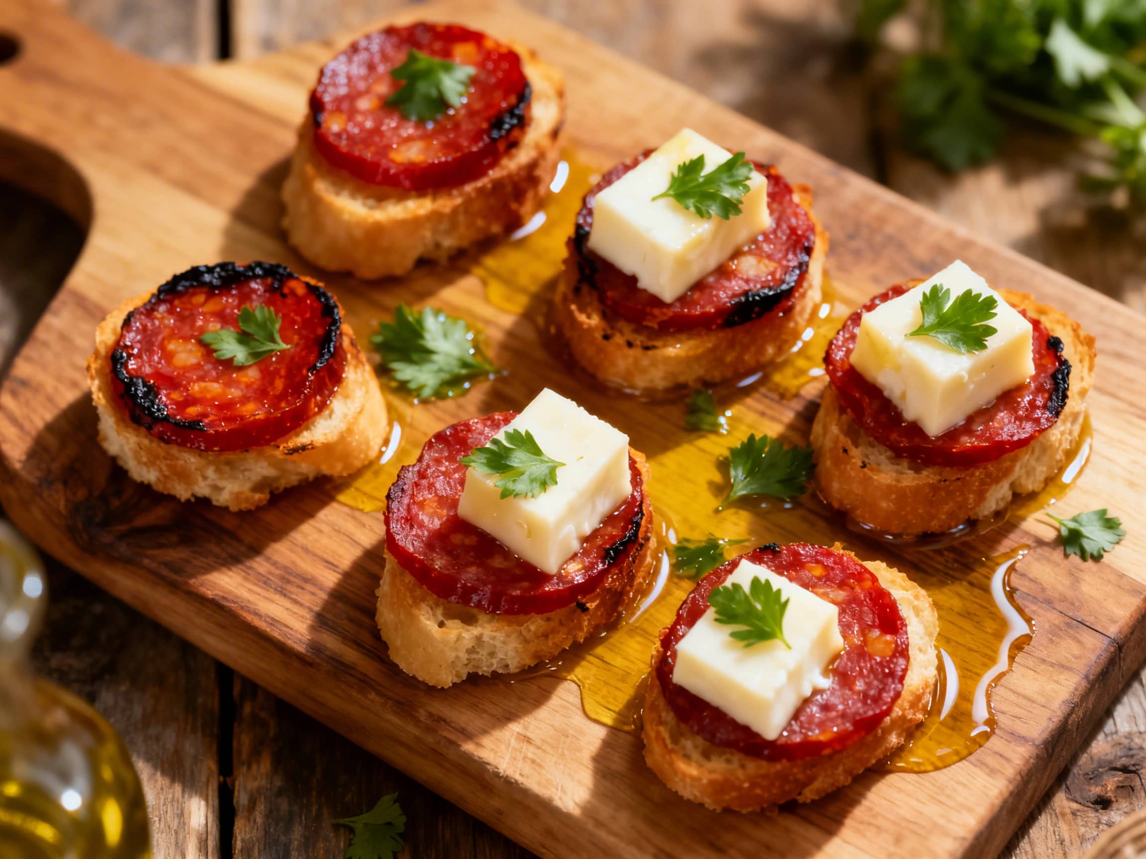 A rustic wooden platter laden with golden-brown, crispy 'Spicy Chorizo and Manchego Tapas Bites'. Each bite is irregularly shaped, perfectly fried, and garnished with vibrant green chopped parsley, hinting at a Spanish culinary experience for an appetizer platter. A small ceramic bowl of creamy aioli sits nearby, ready for dipping. The setting evokes a cozy, inviting atmosphere for sharing small p
