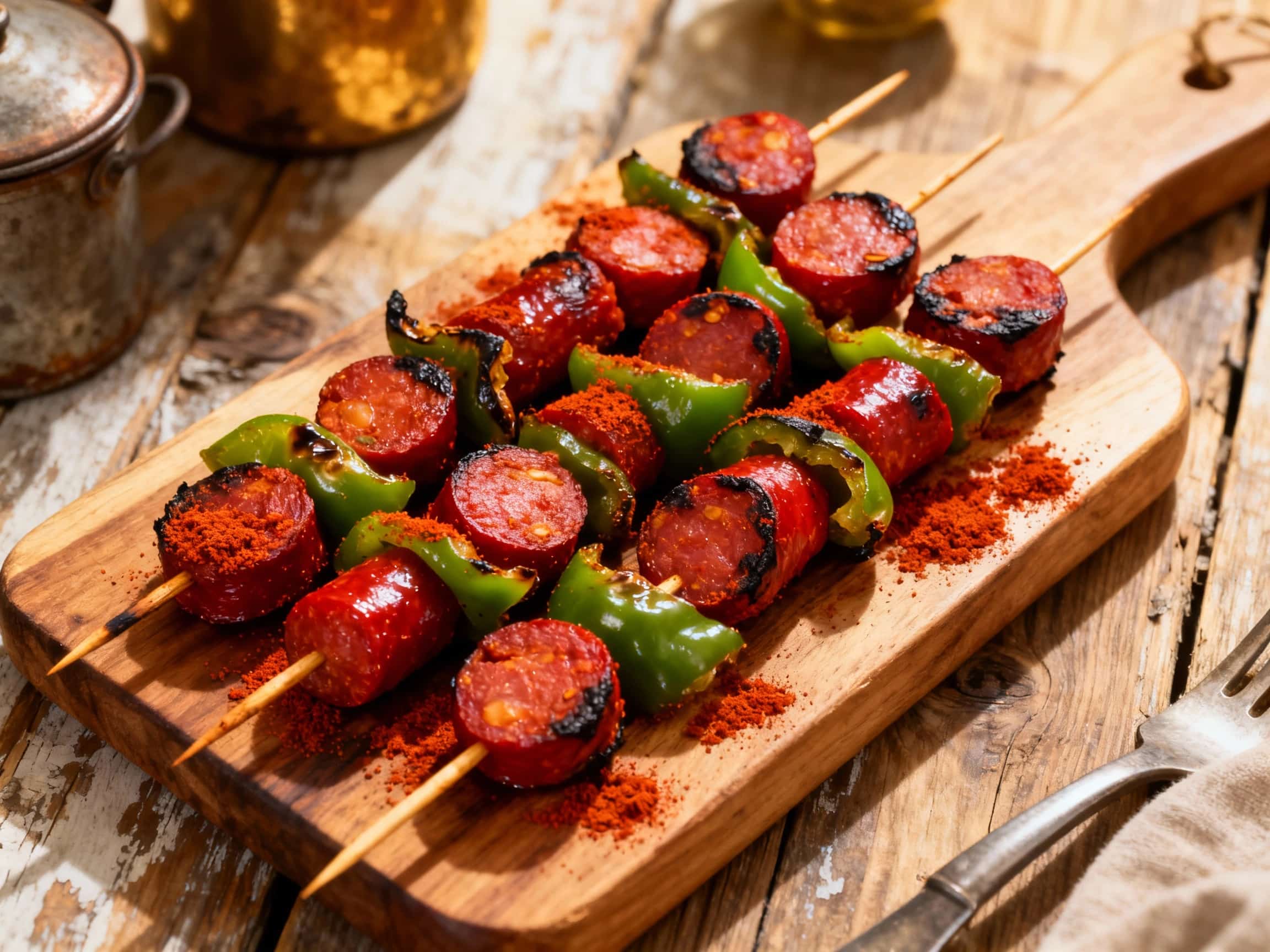 Several freshly grilled skewers featuring alternating pieces of spicy, reddish-brown chorizo sausage and brightly colored bell peppers (red, yellow, orange) are artfully arranged on a rustic wooden serving board. The chorizo has a slightly charred, glistening appearance, and the peppers are tender-crisp with visible grill marks. A faint wisp of smoke rises from the skewers, suggesting they were ju