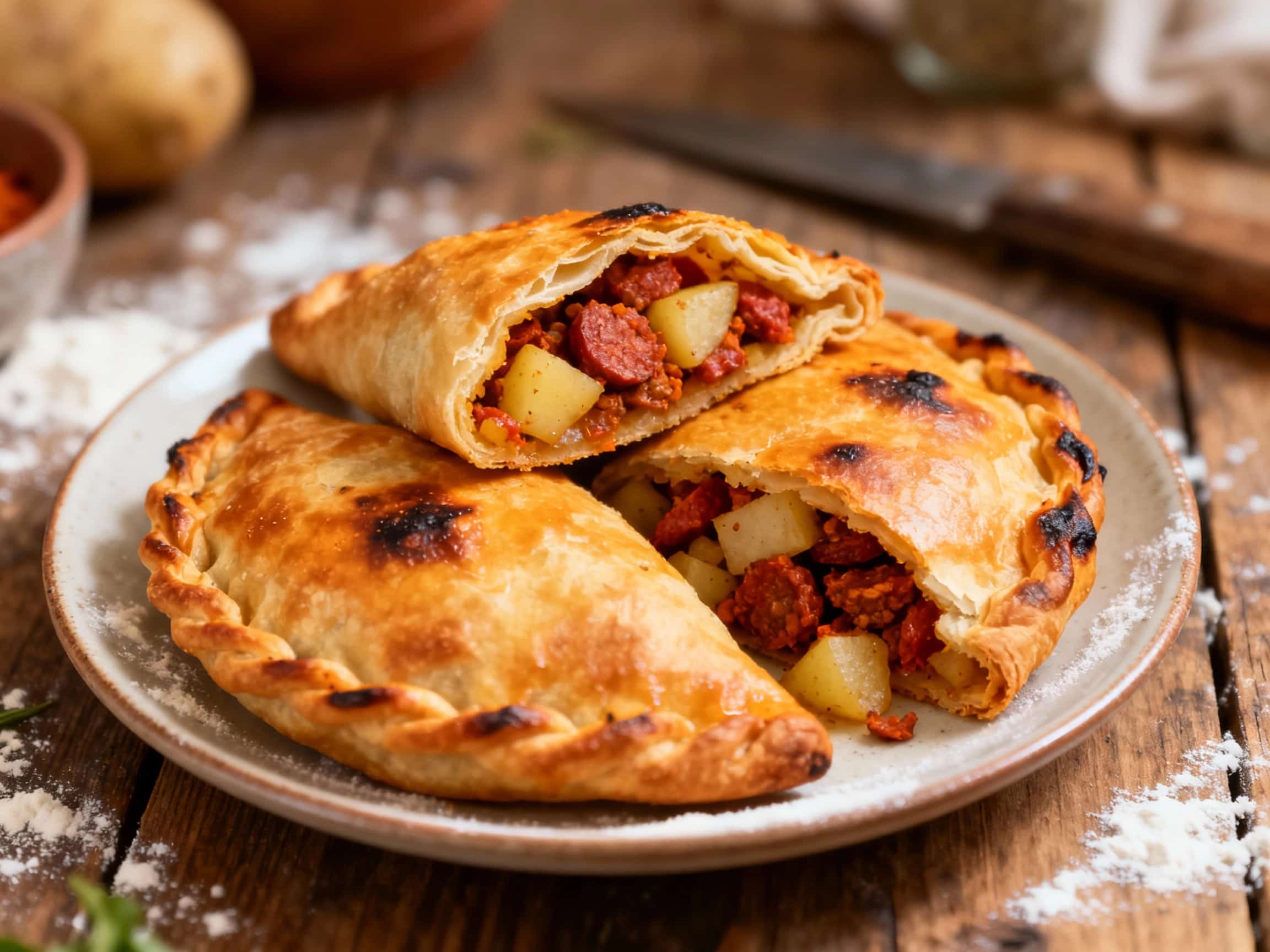 A rustic wooden board holds several golden-brown, meticulously crafted spicy chorizo and potato empanadas, their pastry glistening and slightly cracked, revealing glimpses of the savory red and yellow filling within. Each empanada is artfully crimped along its edge, and a garnish of fresh green cilantro adds a pop of color to the warm, inviting scene. The presentation suggests a comforting, hearty