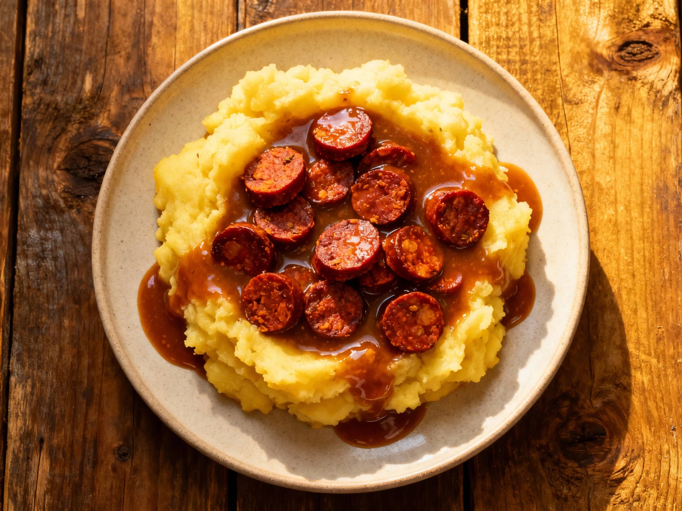 A hearty serving of creamy mashed potatoes is topped with crumbled spicy chorizo and drizzled with a rich chorizo gravy, creating a comforting and flavorful dish.
