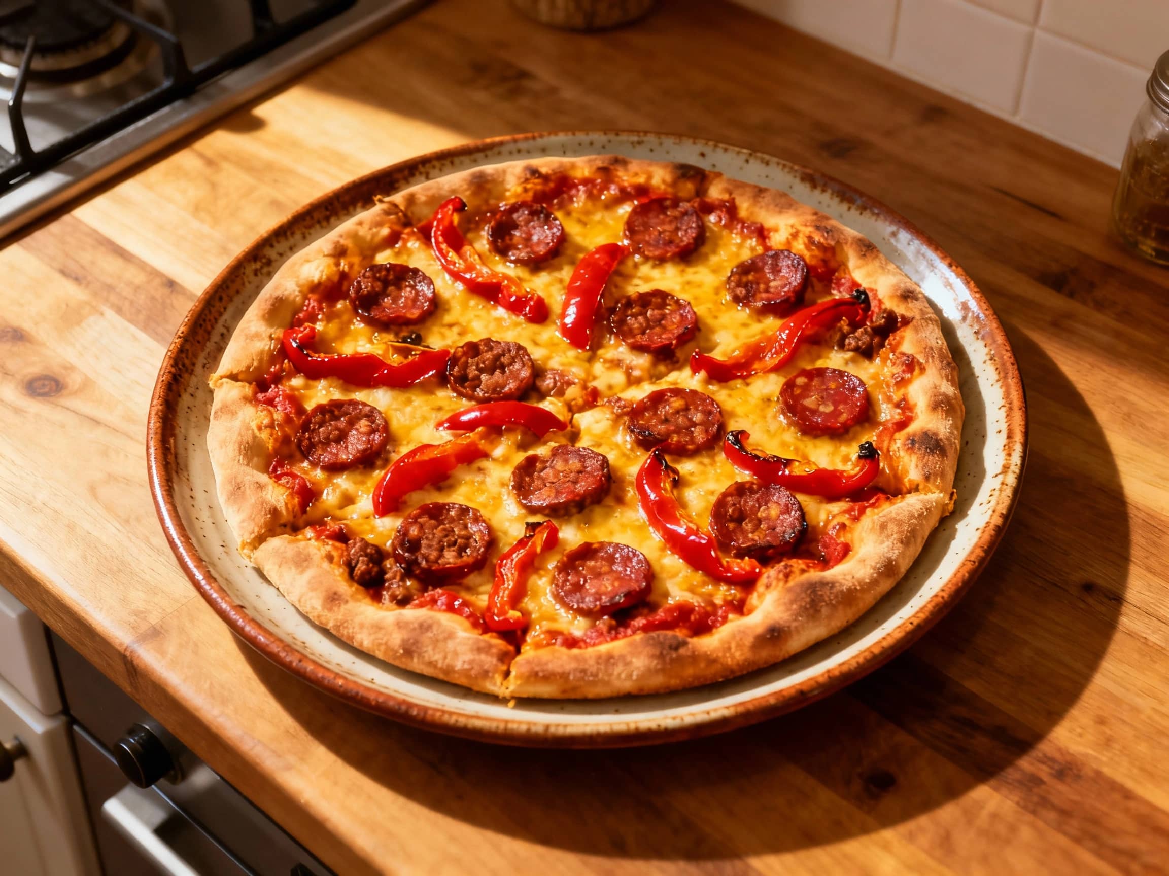 A rustic pan pizza topped with crumbled spicy chorizo, sweet roasted red peppers, and melted cheese, served hot and golden from the oven.
