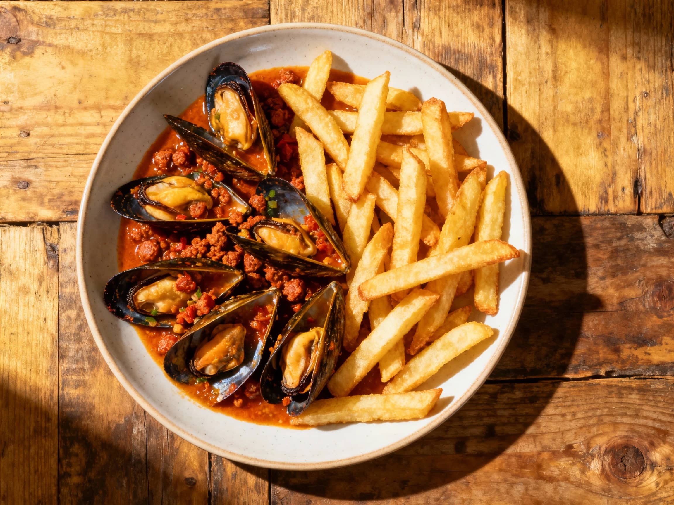 A steaming bowl of plump mussels, vibrant in a spicy tomato and chorizo broth, is served with golden, hand-cut French fries, ready for dipping.