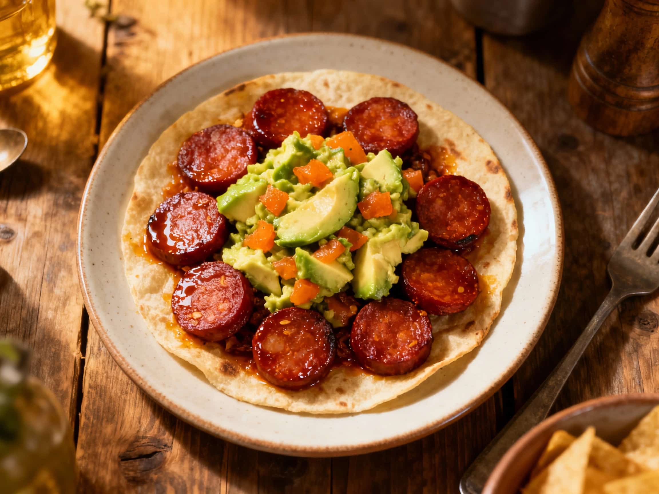 A colorful vibrant dish features sizzling, spicy chorizo alongside a fresh avocado salsa, creating a feast for the eyes and senses.