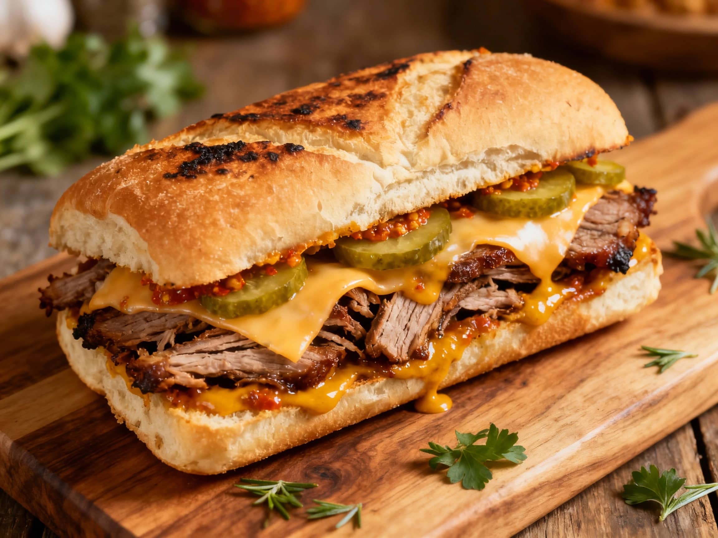A close-up, overhead shot shows a golden-brown, pressed Cuban sandwich overflowing with tender mojo pork, sliced ham, Swiss cheese, pickles, and mustard, ready for a satisfying bite.
