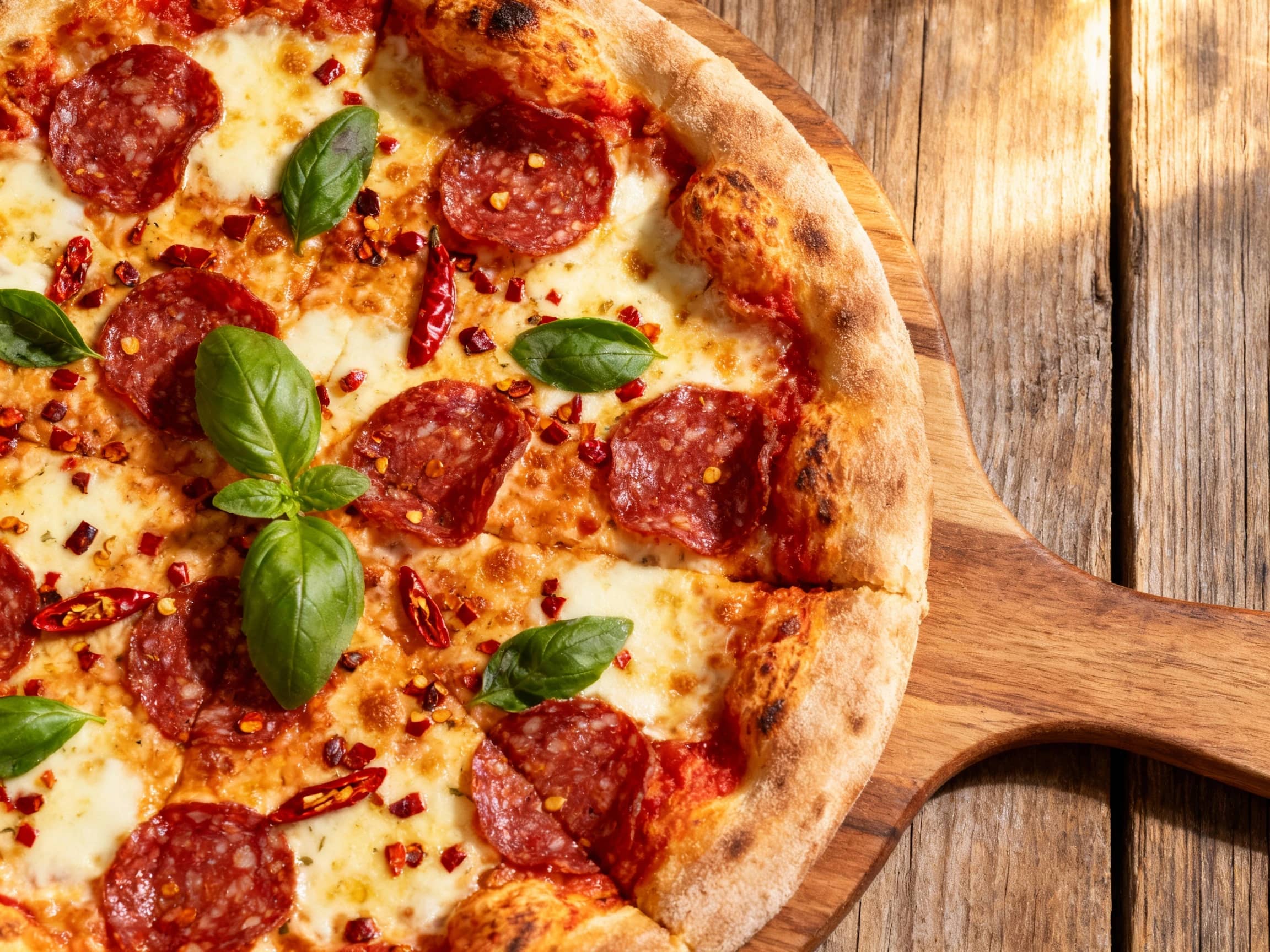 A beautifully charred Neapolitan pizza, bursting with vibrant red spicy salami, fresh basil, and melted mozzarella, sits on a rustic wooden board, ready to be enjoyed.