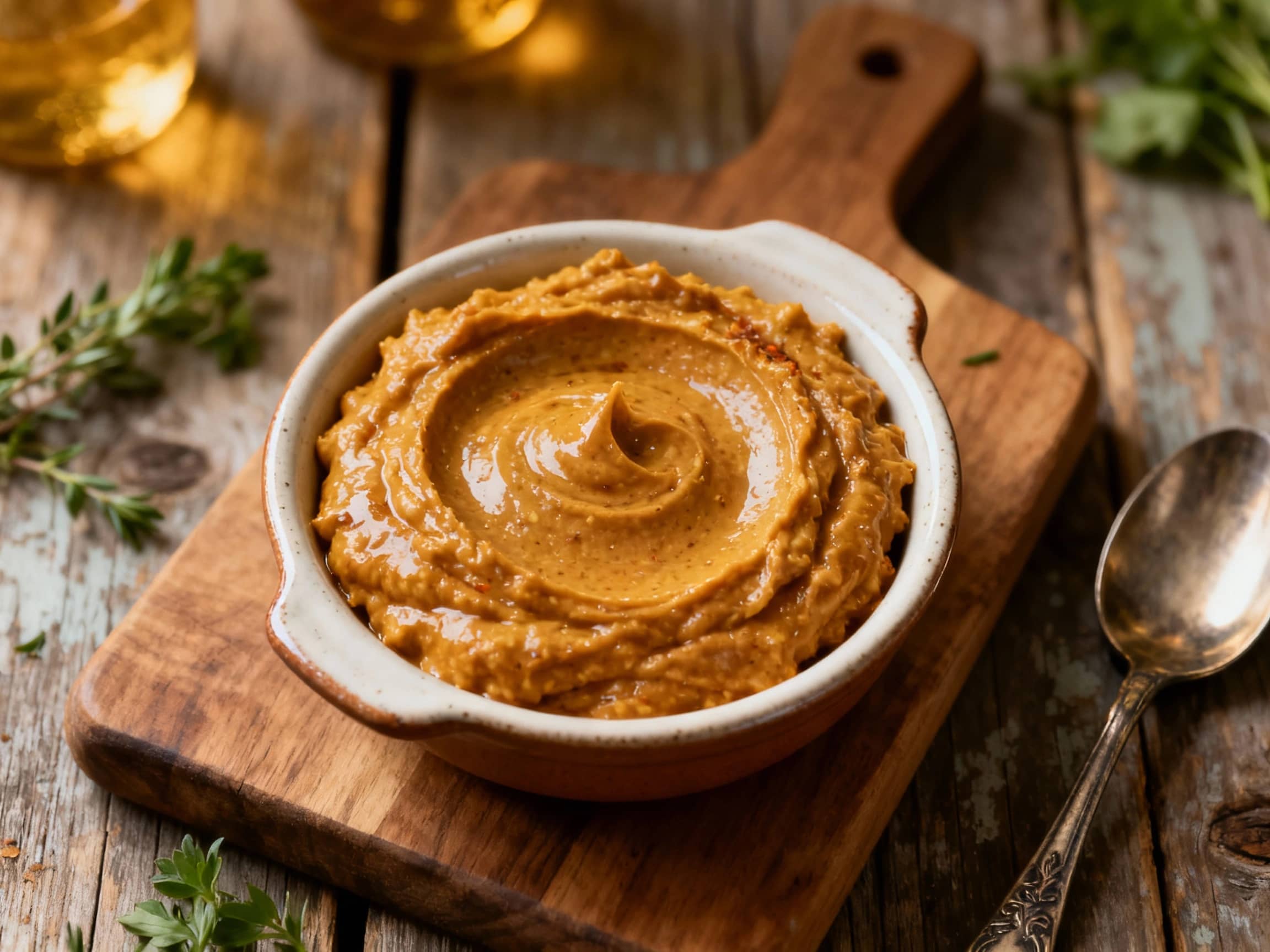 A rustic bowl filled with creamy, pale yellow spread, speckled with red pepper flakes and fresh chives, ready to spice up any meal.