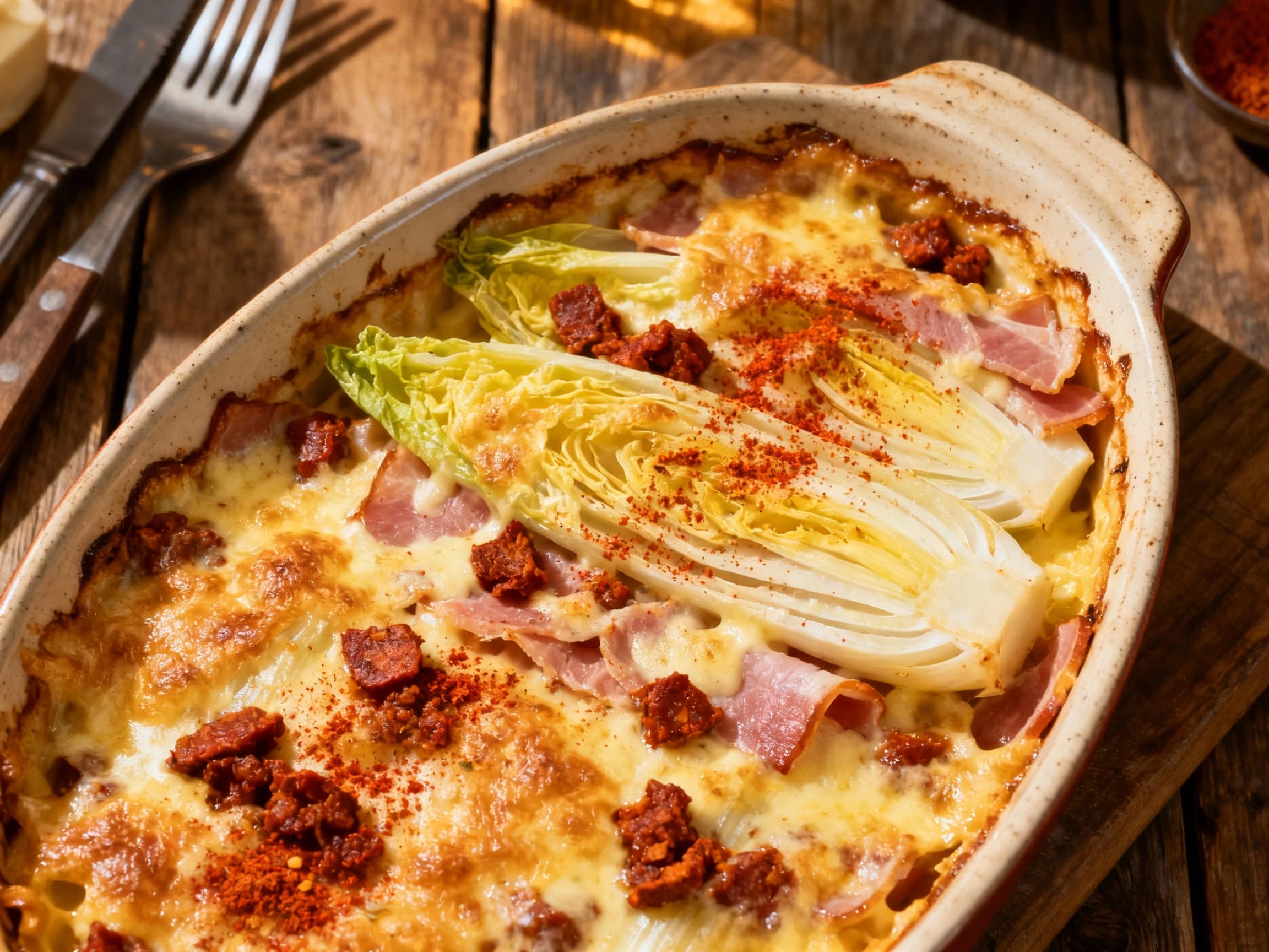 Spicy Endive & Ham Gratin with Chorizo & Paprika