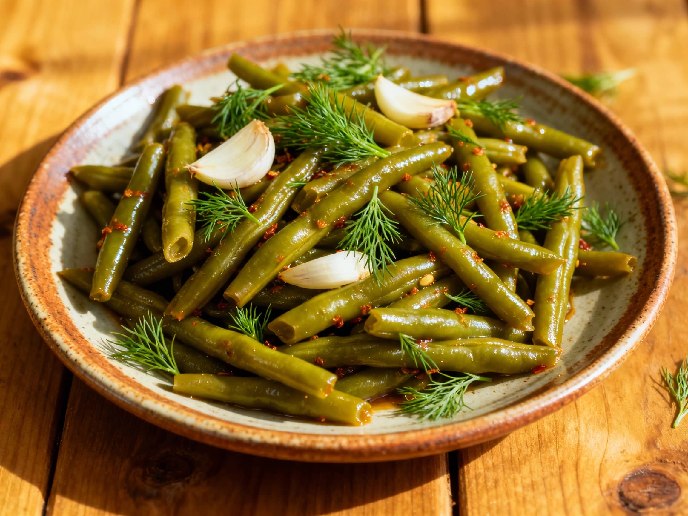 Vibrant green beans, glistening with brine and studded with garlic cloves, are piled generously in a rustic glass jar, ready for a spicy, tangy fermentation with aromatic dill.