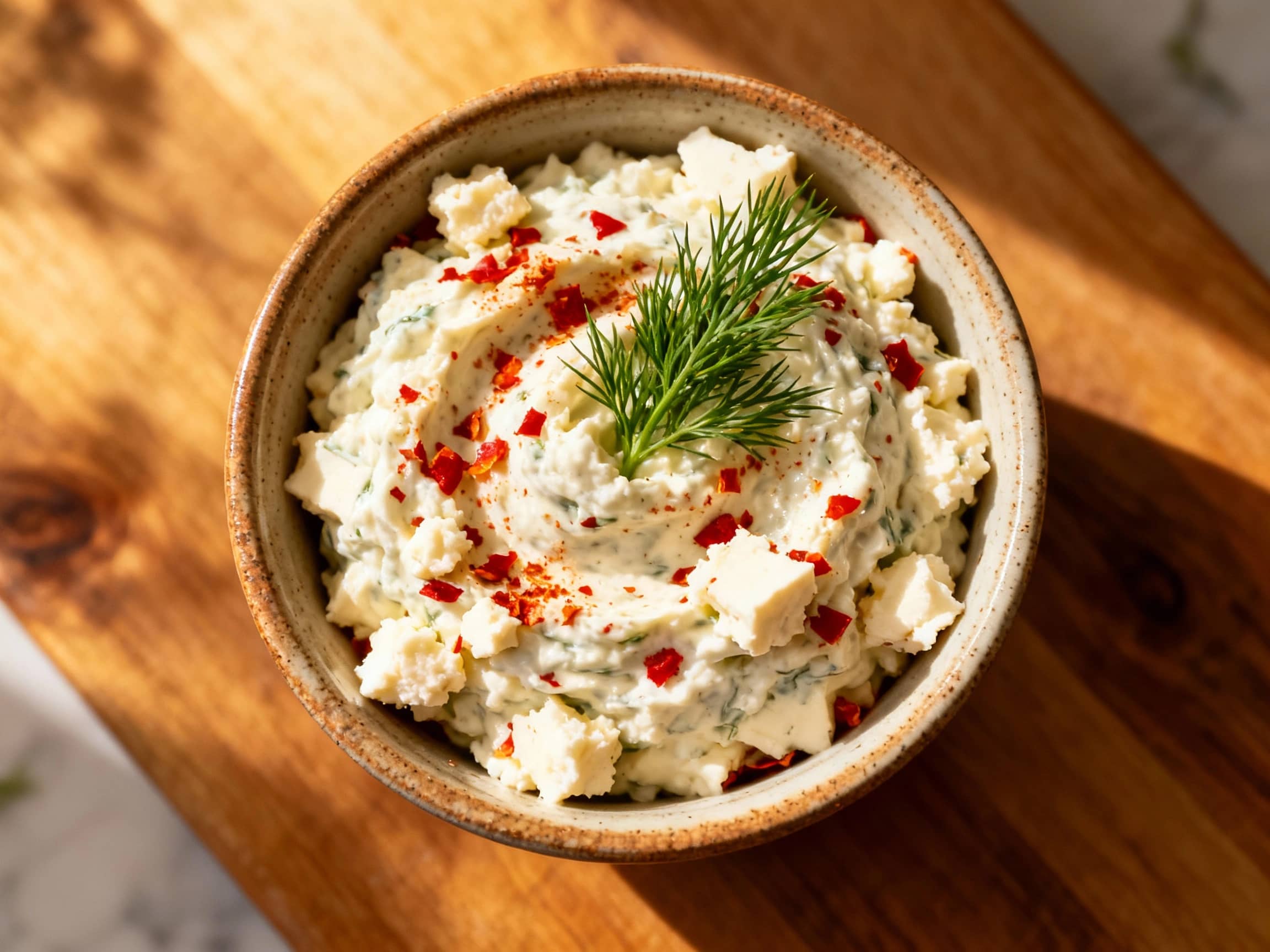 A vibrant bowl of creamy, spicy feta tzatziki is garnished with fresh dill and drizzled with olive oil, ready to be scooped with pita bread.