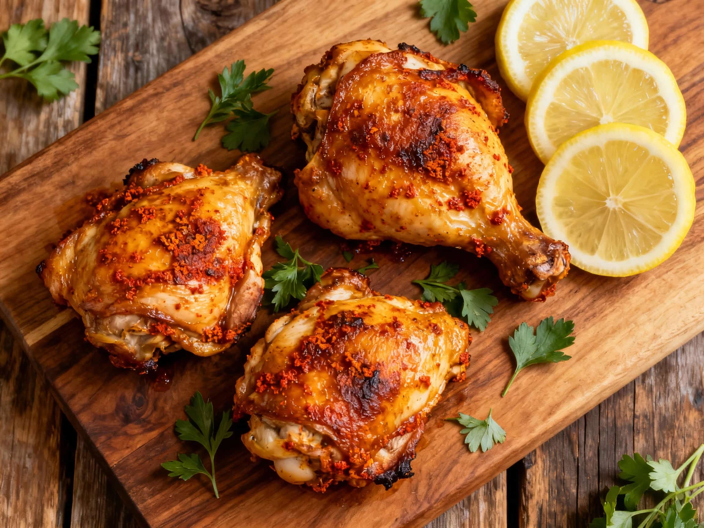 A close-up view of two succulent, golden-brown chicken thighs, baked to perfection with a spicy harissa marinade. The crispy skin is visible, adorned with fresh green cilantro and bright yellow lemon wedges. The chicken rests on a rustic wooden board, with a soft-focus background hinting at a side of couscous, creating an inviting and flavorful Mediterranean meal presentation.