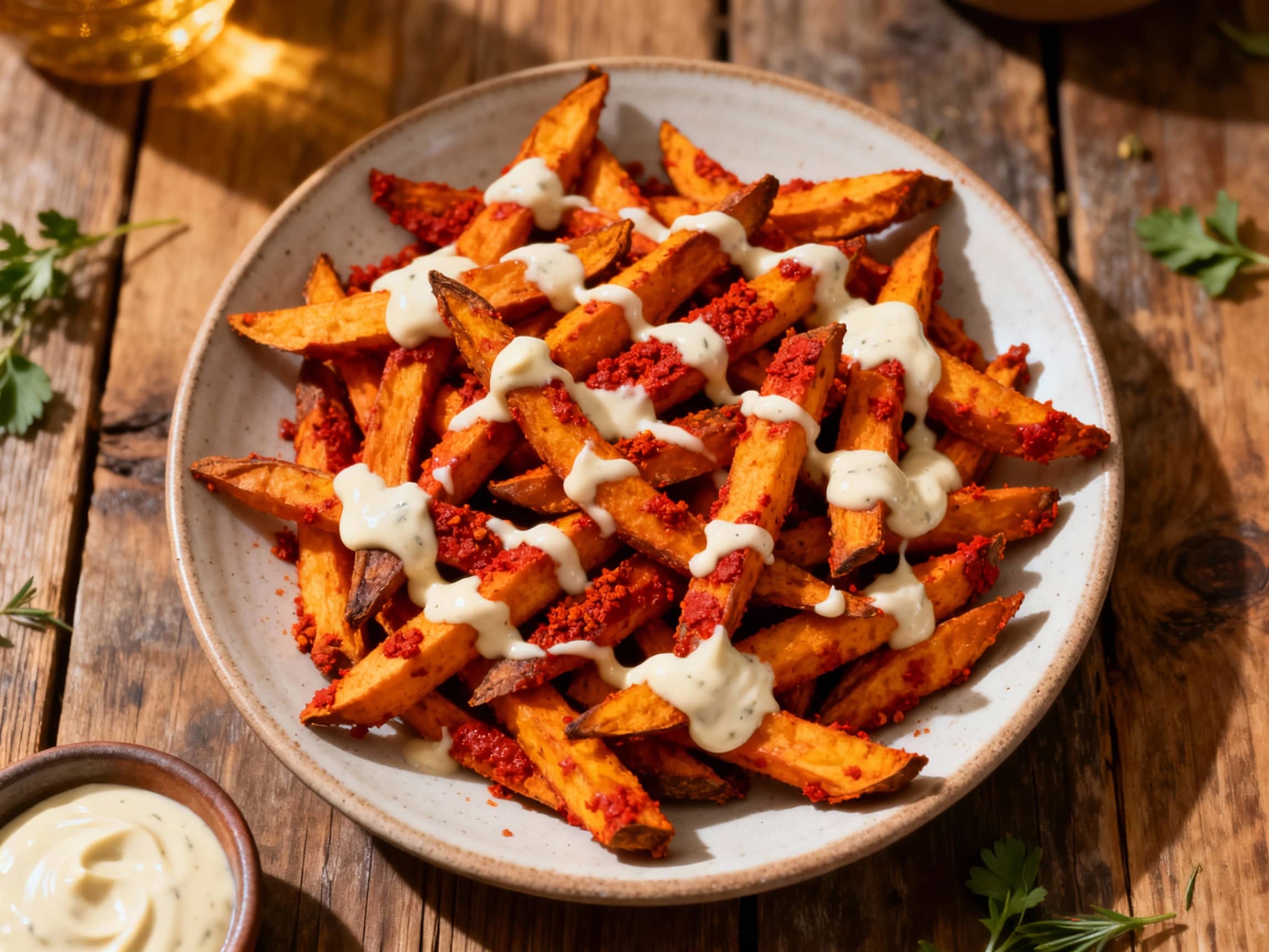 A close-up view of oven-baked sweet potato fries on a rustic wooden board. The fries are vibrant orange, coated in a spicy red harissa, and artfully drizzled with a creamy, light-colored tahini sauce. Bright green chopped cilantro is sprinkled over the dish, adding a fresh contrast. The setting is inviting with soft lighting, emphasizing the delicious textures and colors of this flavorful side dis
