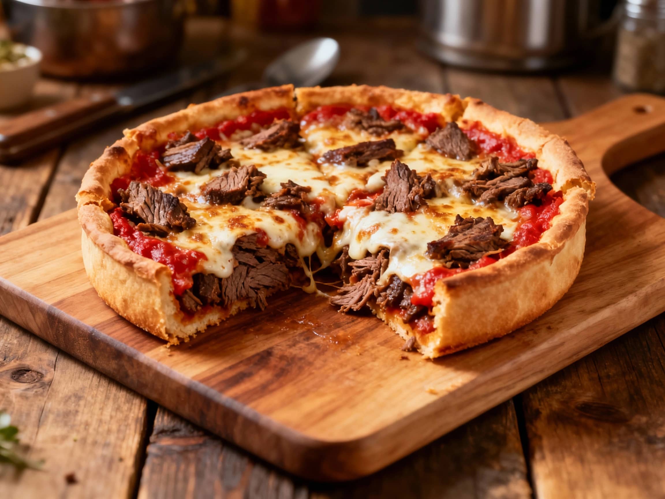 A hearty Chicago deep dish pizza with a thick, golden crust overflowing with savory Italian beef, melted mozzarella cheese, and a chunky tomato sauce, artfully garnished with fresh basil.