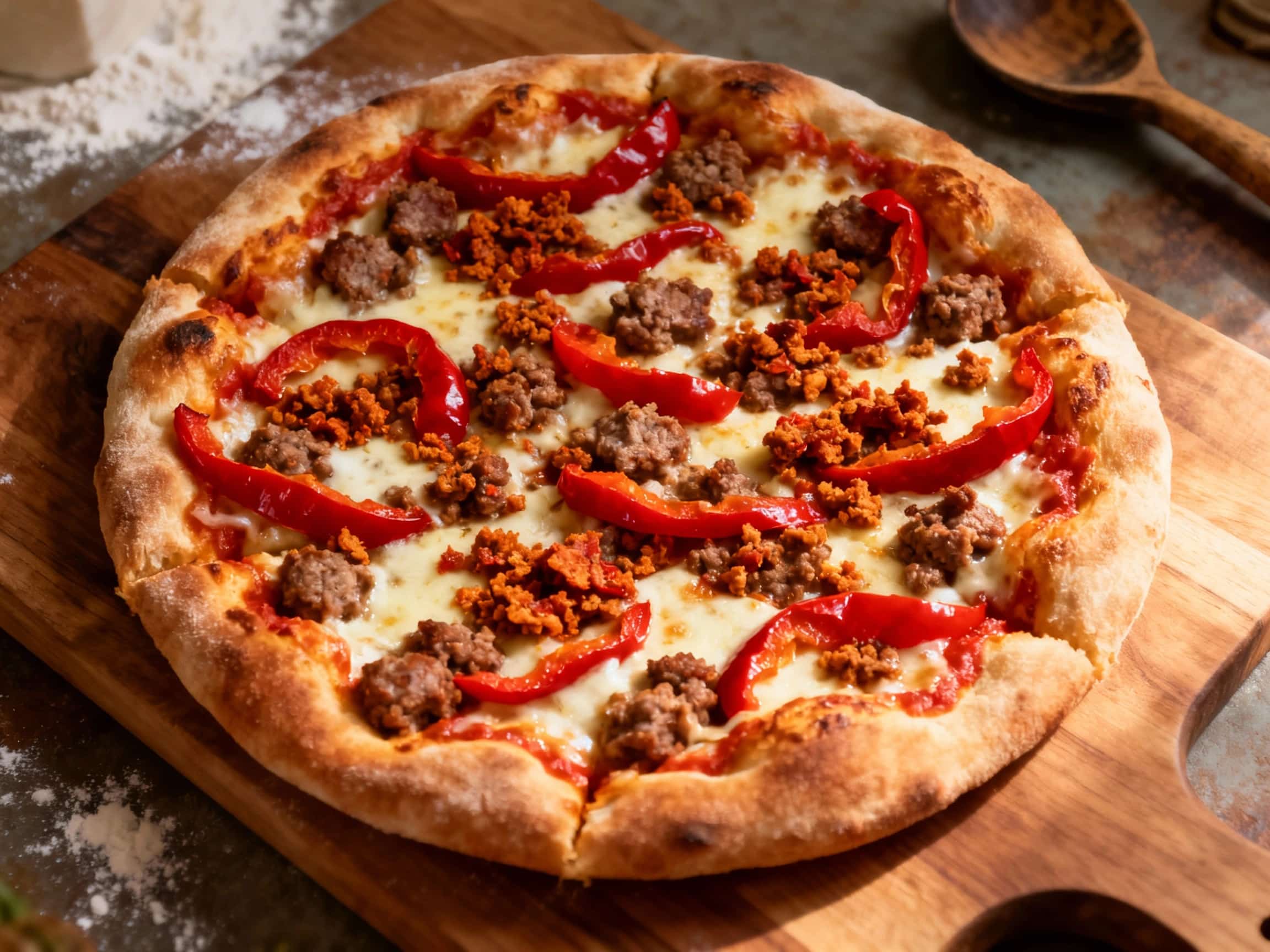 A rectangular Grandma-style pizza, freshly baked and sliced on a wooden board, showcasing a crispy edge. The pizza is generously topped with melted white mozzarella, crumbled spicy Italian sausage, and bright red roasted peppers, with fresh green basil artfully scattered across the surface. The scene evokes a comforting, rustic meal preparation, highlighting the pizza's inviting texture and vibran