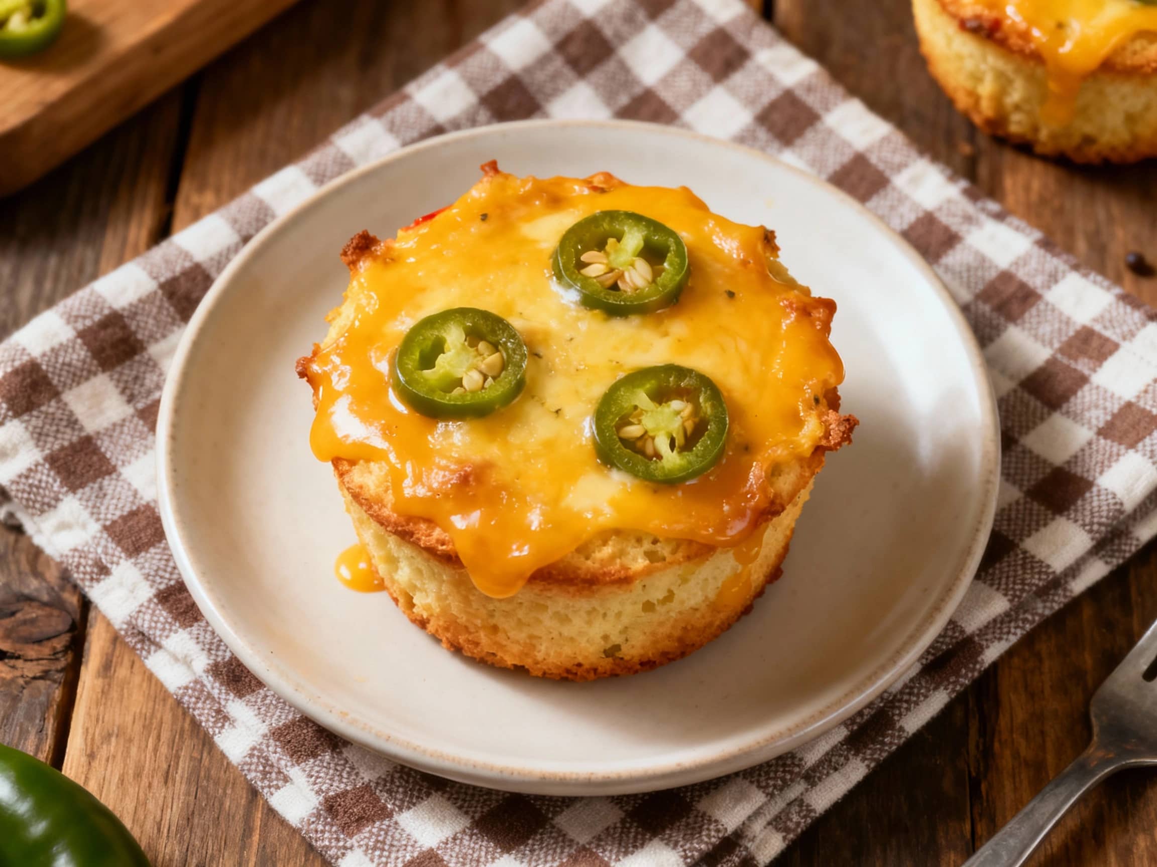 Golden-brown muffins are topped with melted, bubbly cheese and a vibrant green jalapeño slice, promising a savory and spicy bite.